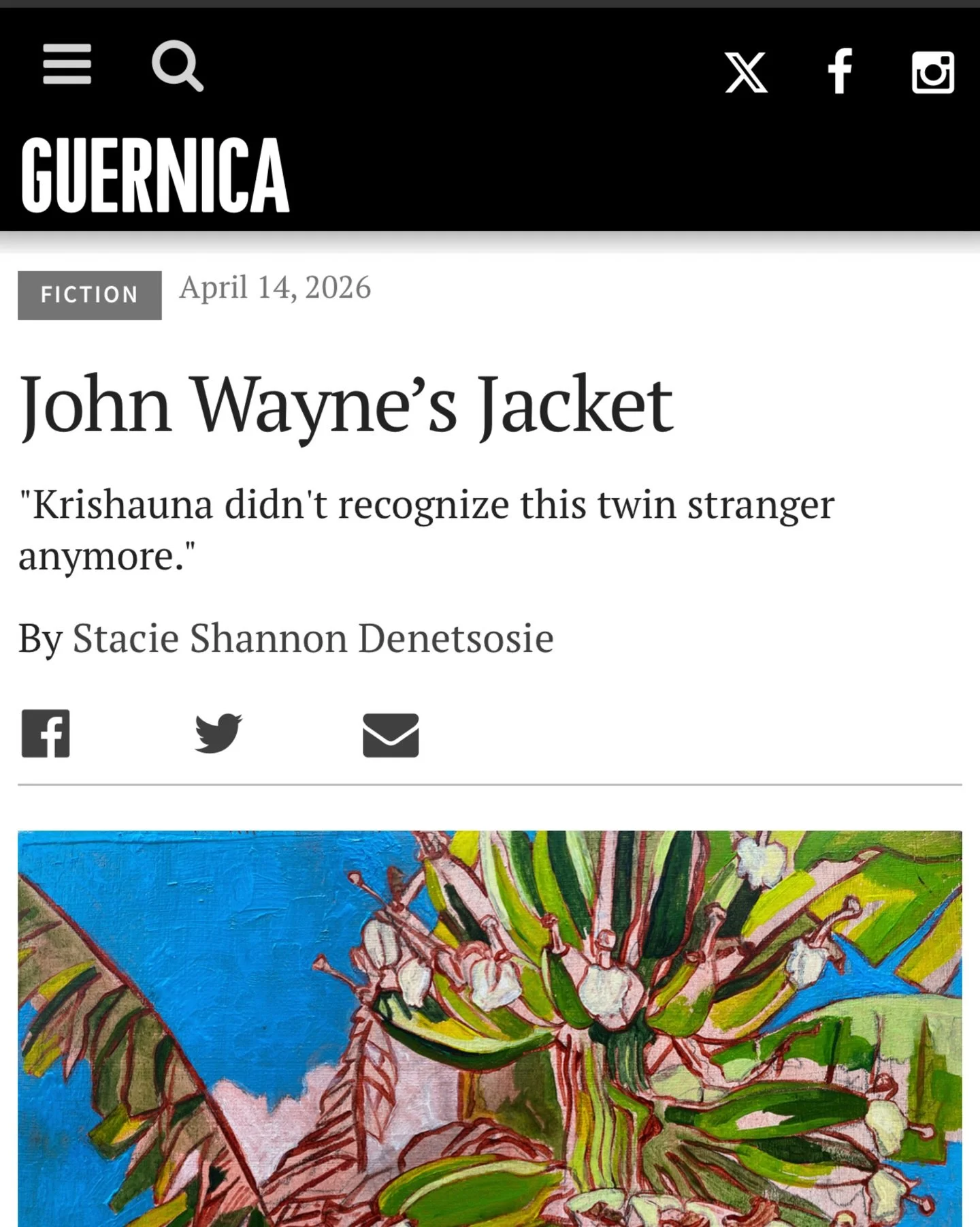 My new short story &ldquo;John Wayne&rsquo;s Jacket&rdquo; is up today on Guernica Magazine paired with a beautiful painting by Jozie Furchgott Sourdiffe. 🧡 Link to read in my bio 🔗

What an incredible magazine to place my first short story since m