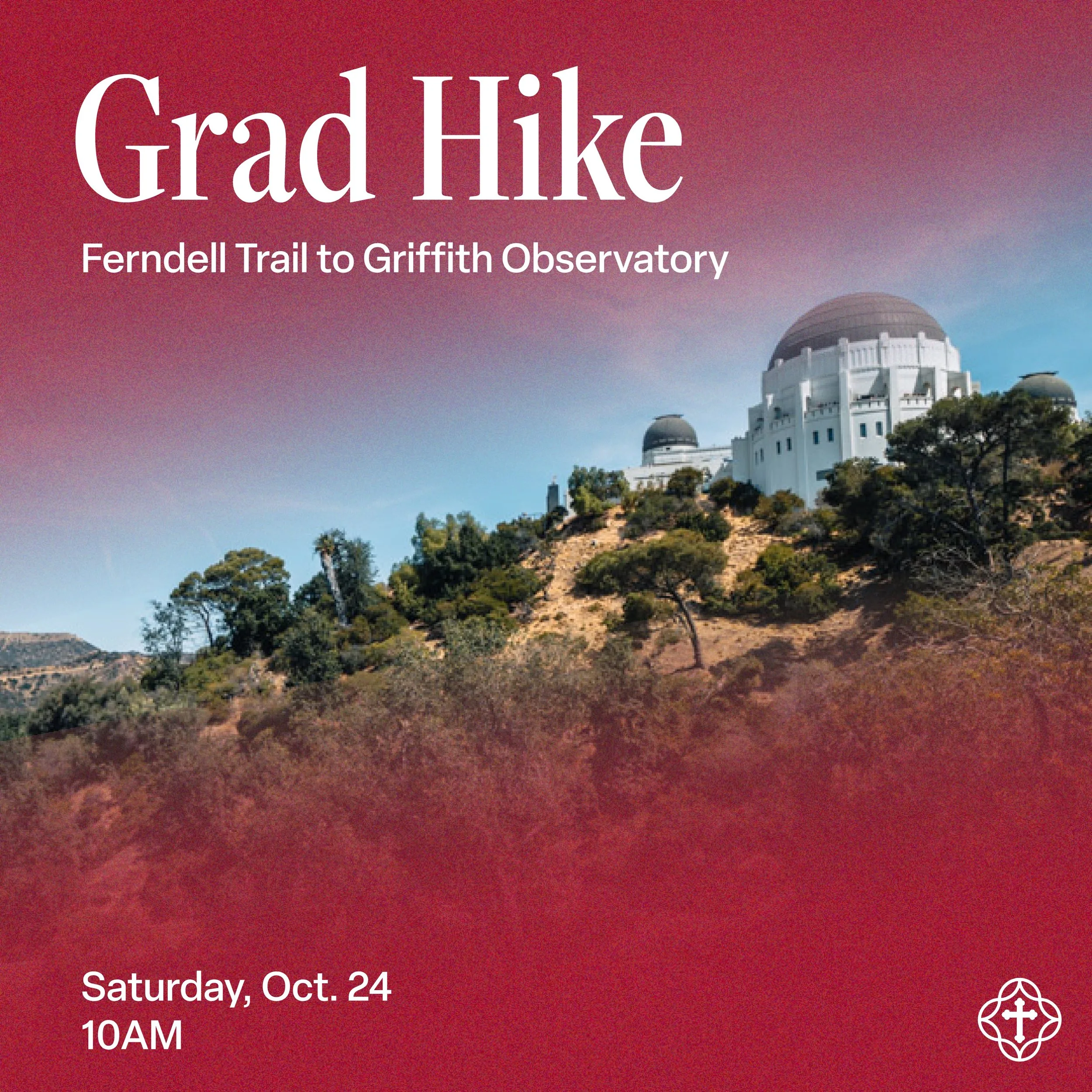 Graduate students!! 🥾🌄

Join us for our Grad Hike to Griffith Observatory this Saturday, Oct. 24th. We&rsquo;ll be meeting at the CC Courtyard at 10am, following the 9am Mass. Carpools will be arranged!

Register via the link on our website, and re