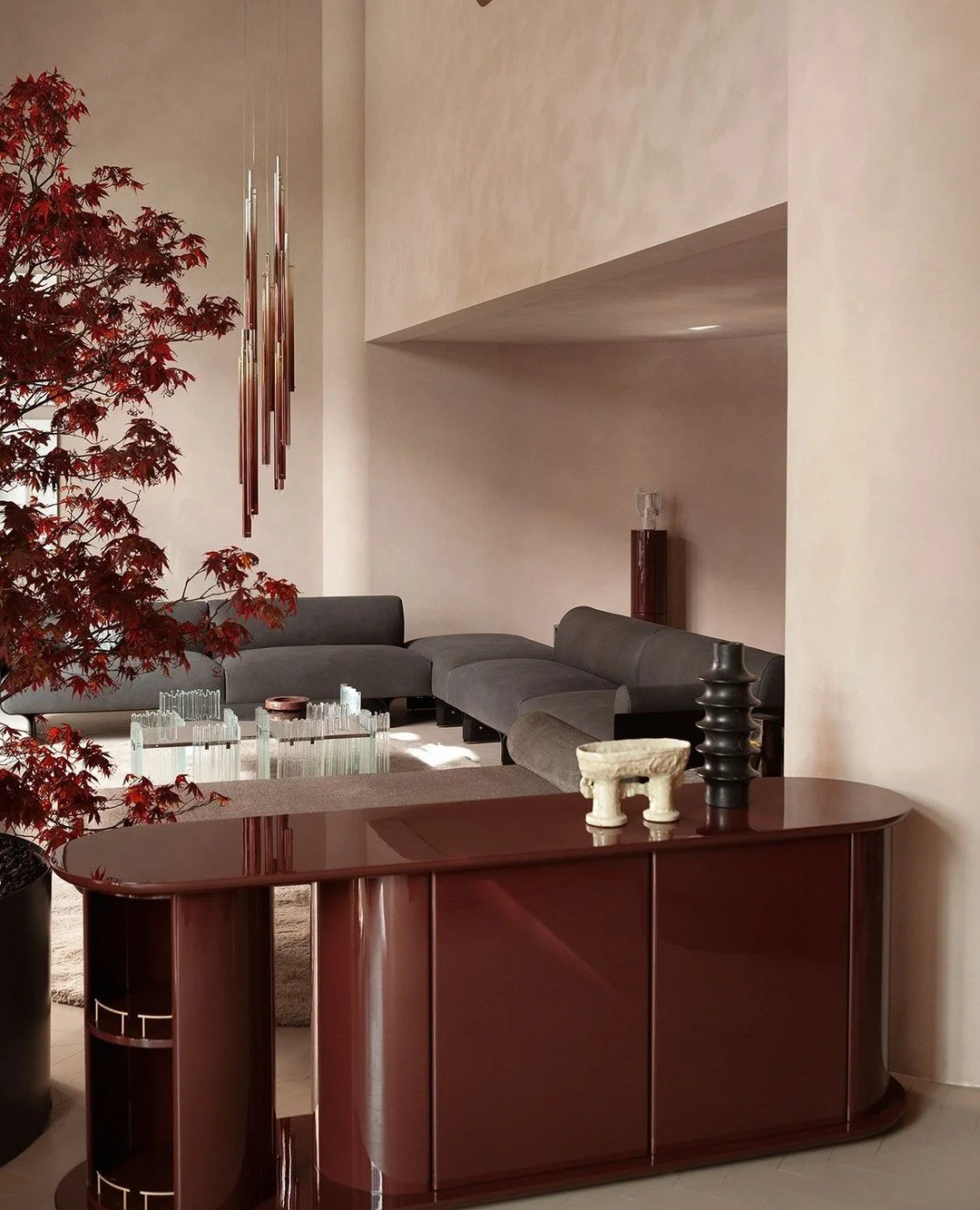 In the foreground, the 'Hide&amp;Seek Door' designed by Pietro Russo in 2024 for Gallotti&amp;Radice.⁠
⁠
A beautiful sideboard with the structure, shelves, doors, and a rotating half-cylinder in glossy or opaque lacquered wood with satin brass detail