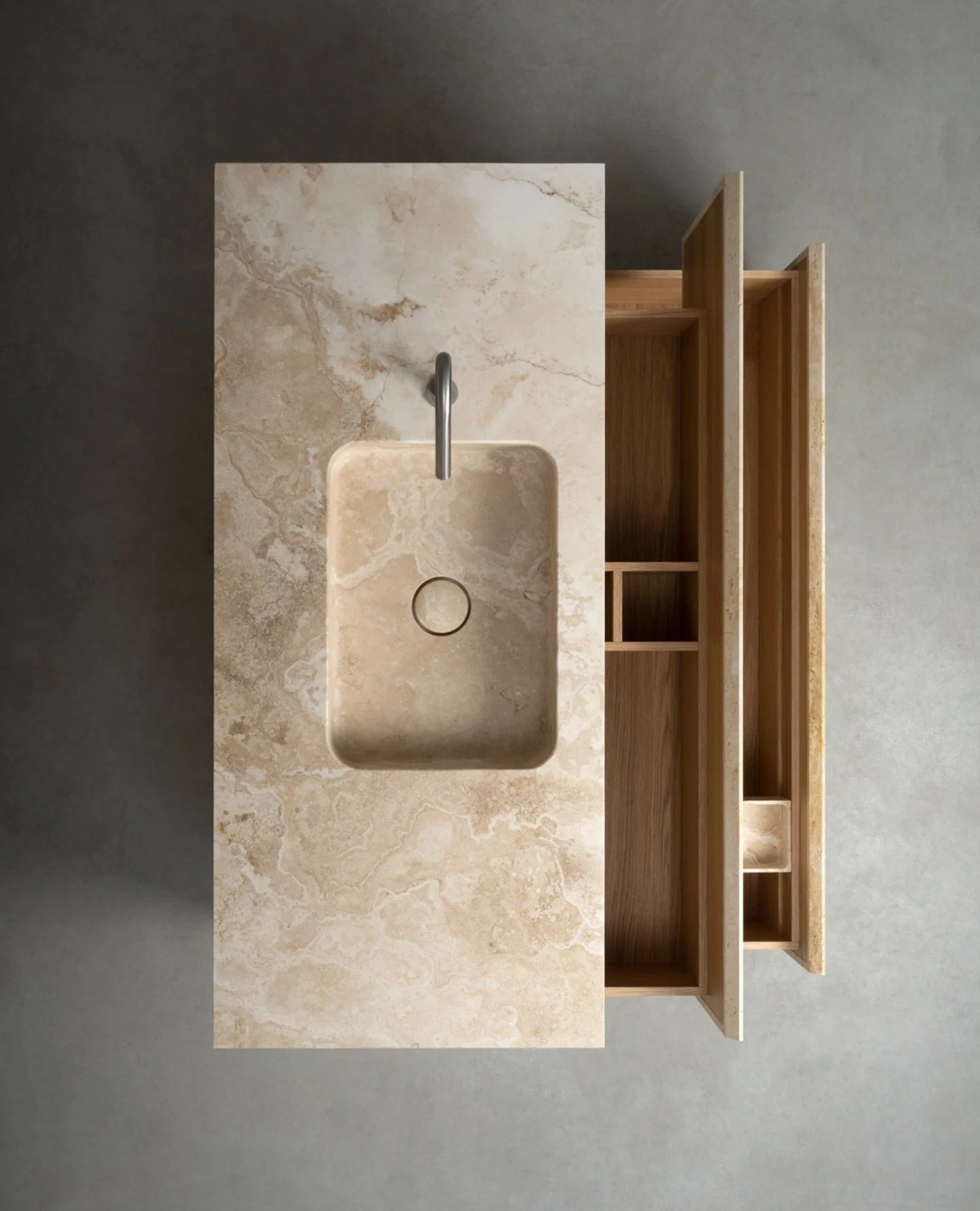 Vaselli's Le Cave, Classico Travertine free-standing bathroom vanity has both the countertop and doors carved from solid stone with oak interiors further adding to the overall warmth.⁠
⁠
Available at Moebel. Contact our team for samples and further i