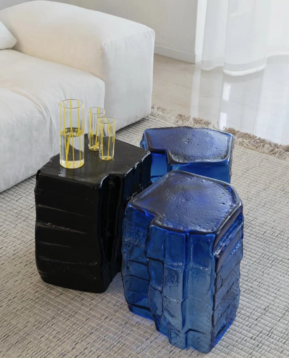 1/1/1 series side tables by @6am_glass⁠
⁠
Made from Murano-blown glass and Carrara marble powder, these pieces are available in different shapes and colours. Visit our link to explore the collection available at Moebel.⁠
⁠
Photo: @sarahindriolo @dsl_
