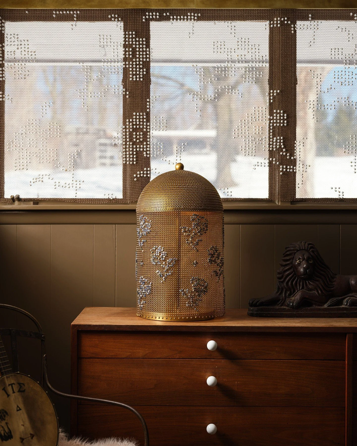 Loney Abrams and Johnny Stanish, the team behind Wretched Flowers has released a bespoke valance system for beaded chainmail curtains, shown here with the Chainmail table and floor lamps. Photography by @joeinstakramm ⁠
⁠
Visit our link to see more n