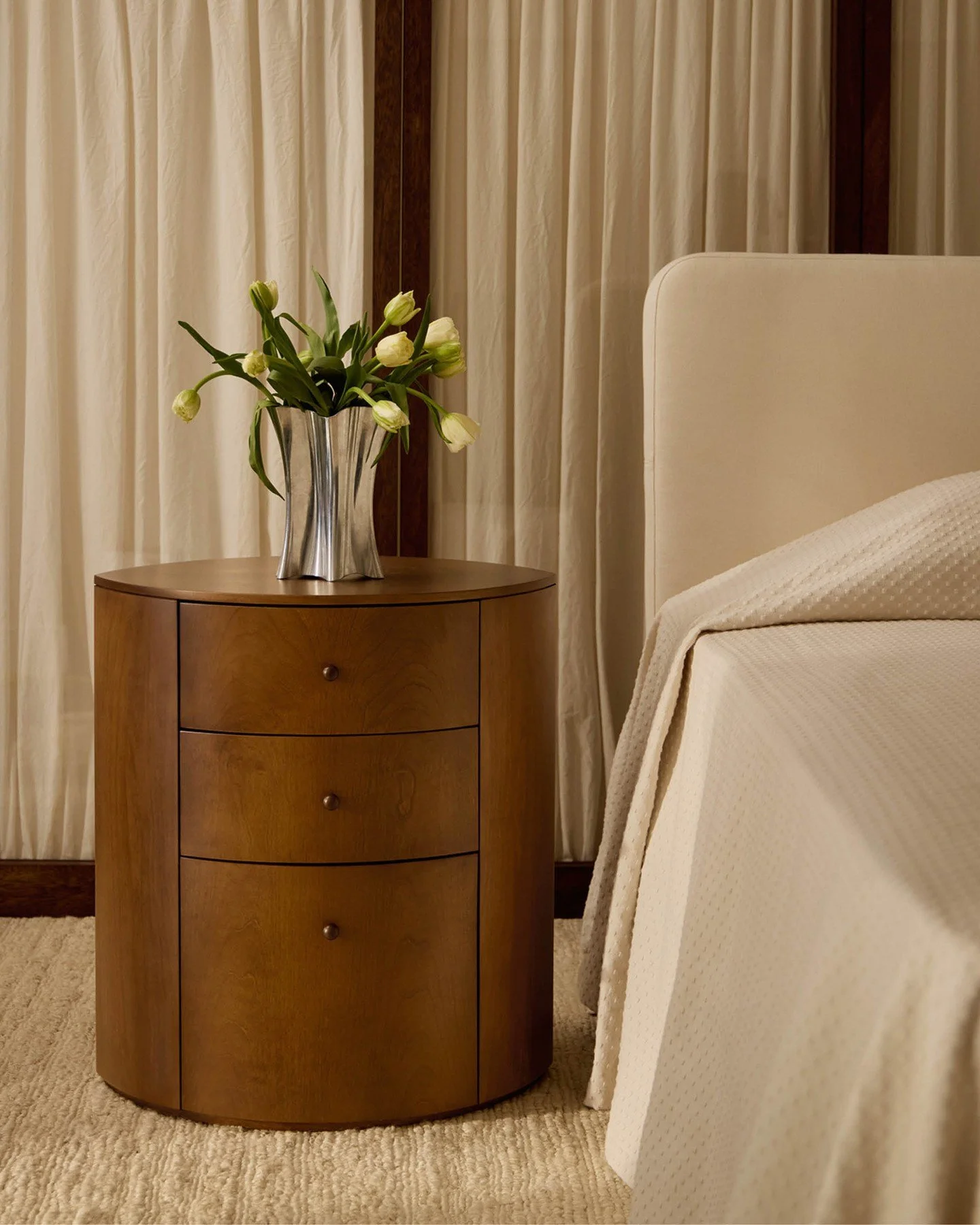 Beds, bedsides, soft lights, and hand-woven textiles, the pieces that make a beautiful bedroom.⁠
⁠
1. &lsquo;Observer Nightstand&rsquo; in brown birch designed by Yaniv Chen from Lemon. 2. &lsquo;Ocean&rsquo; Glazed stoneware stool by Pascale Girardi
