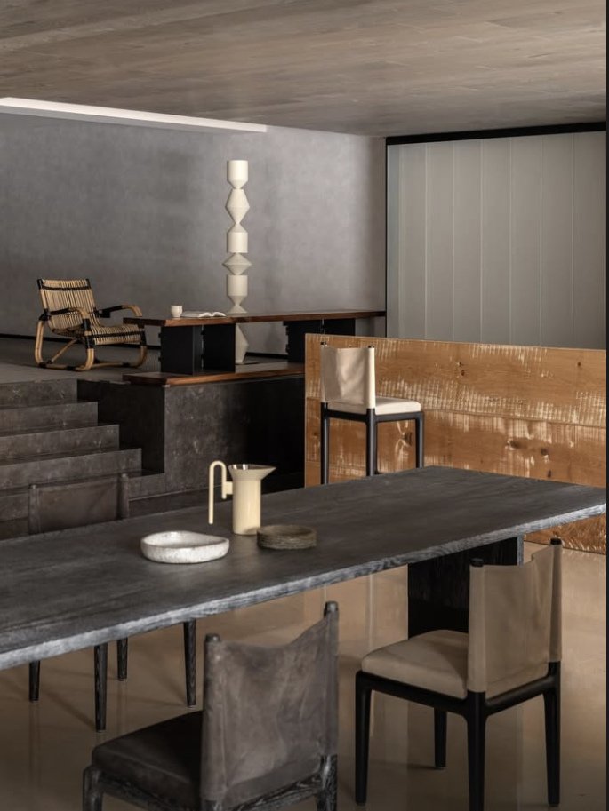 A raw, textural project by Bensheng Decoration Design, captured by @suisicong, featuring Van Rossum's Nota Bene dining table, designed by Marlieke Van Rossum, and the Christophe Delcourt-designed Abi dining chairs and bar stools. 👌🏽⁠
⁠
#Moebel #Des