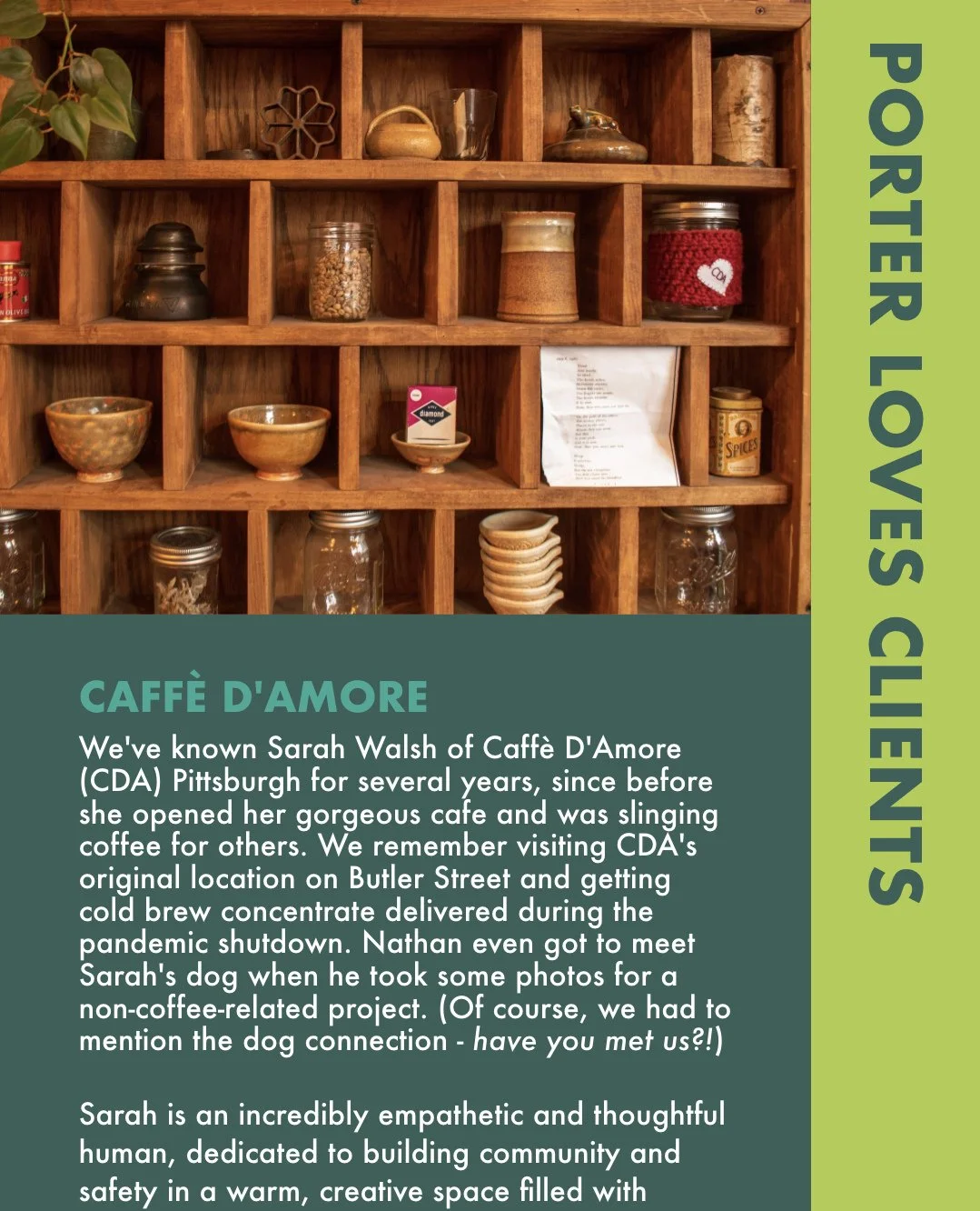 We've known Sarah Walsh of Caff&egrave; D'Amore (CDA) Pittsburgh for several years, since before she opened her gorgeous cafe and was slinging coffee for others. We remember visiting CDA's original location on Butler Street and getting cold brew conc