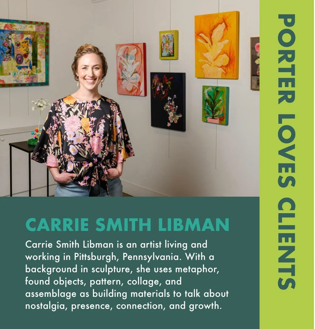 Carrie Smith Libman is an artist living and working in Pittsburgh, Pennsylvania. With a background in sculpture, she uses metaphor, found objects, pattern, collage, and assemblage as building materials to talk about nostalgia, presence, connection, a