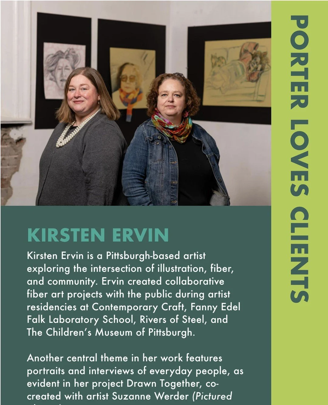 Kirsten Ervin is a Pittsburgh-based artist exploring the intersection of illustration, fiber, and community. Ervin created collaborative fiber art projects with the public during artist residencies at Contemporary Craft, Fanny Edel Falk Laboratory Sc