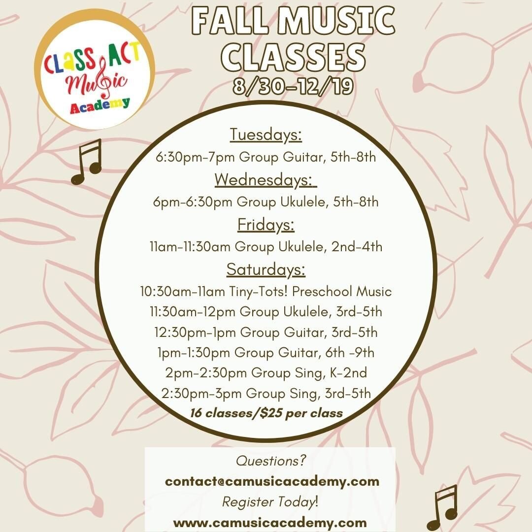 Class Act Music Academy's Fall Music Classes begin THIS week! Check out one of our 16-week group ukulele class, group guitar class, group singing class, or group preschool music class. Only $25 per lesson, once a week! #Steal Visit our website to reg