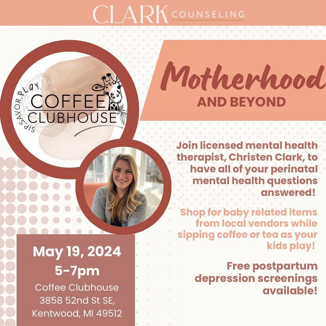 Come say hi 👋 at the Motherhood and Beyond Event @coffeeclubhousegr on Sunday, May 19th from 5-7! Christen Clark, LMSW, PMH-C, will be there to talk about perinatal mental health and to offer free postpartum depression screenings. 

#postpartumdepre