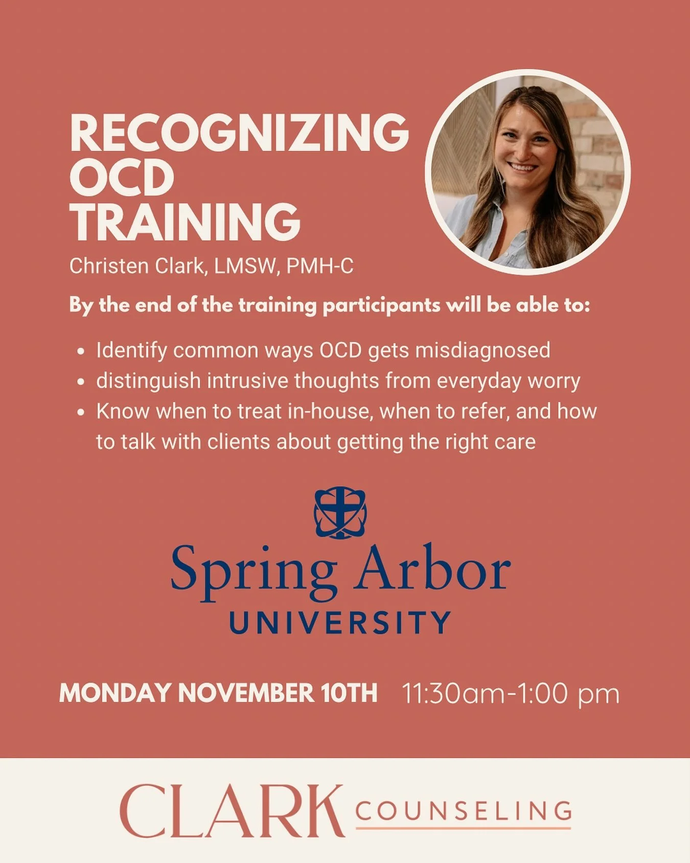 New Training Opportunity for SAU Alumni &amp; Students

I&rsquo;m so excited to partner with Spring Arbor University to offer a 90-minute virtual training on a topic that&rsquo;s often misunderstood &mdash; Obsessive Compulsive Disorder (OCD).

OCD i