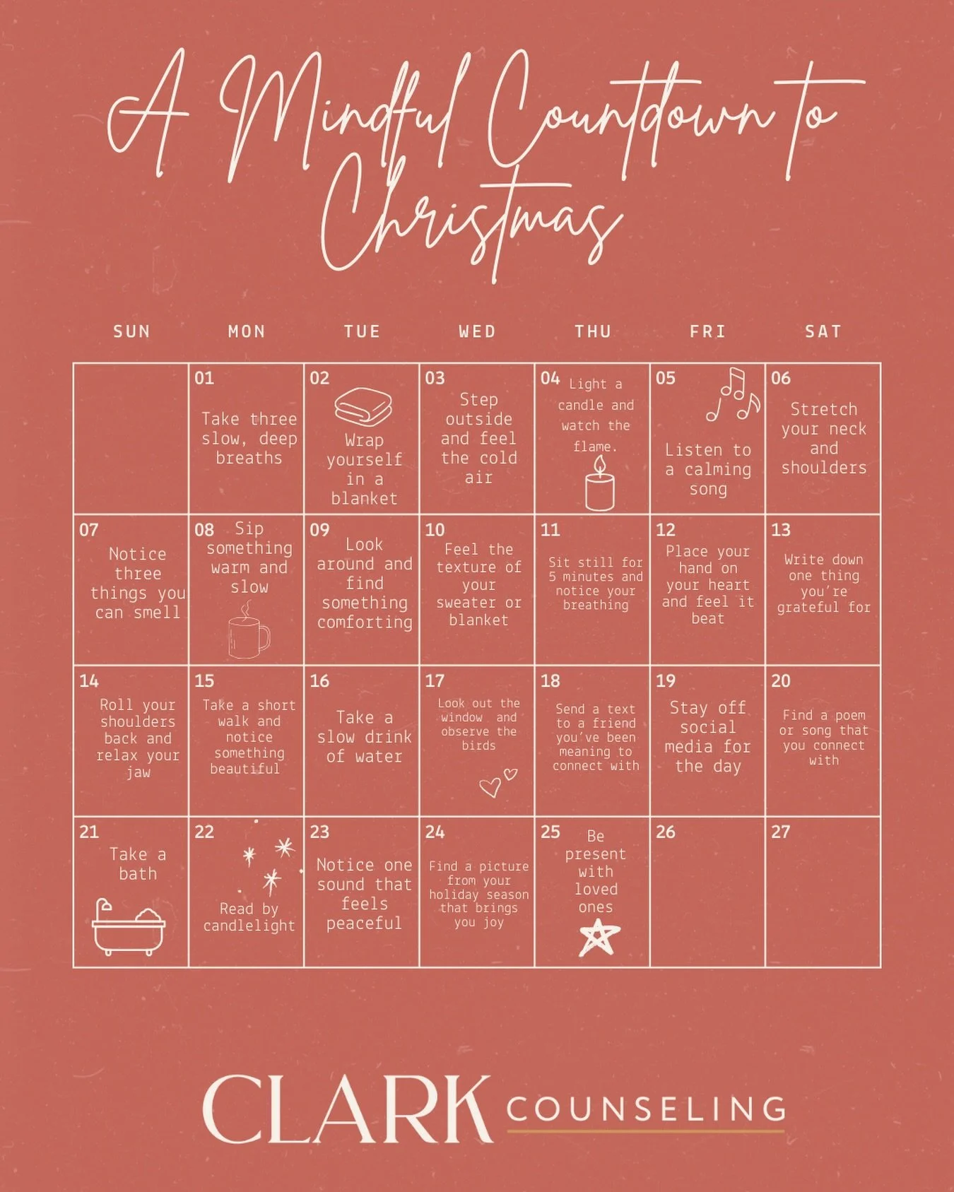 December can be beautiful&hellip; and overwhelming.
This season, we invite you to slow down with us.

This Mindful Countdown to Christmas Calendar offers 25 simple ways to pause and stay grounded this month.

Save this post to come back to each day ✨