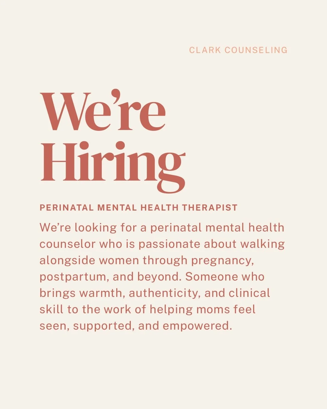 ✨ We&rsquo;re hiring! ✨

Clark Counseling is growing, and we&rsquo;re looking for a perinatal mental health therapist who&rsquo;s warm, relational, and committed to providing excellent care to our clients. 

If you value authentic connection, collabo