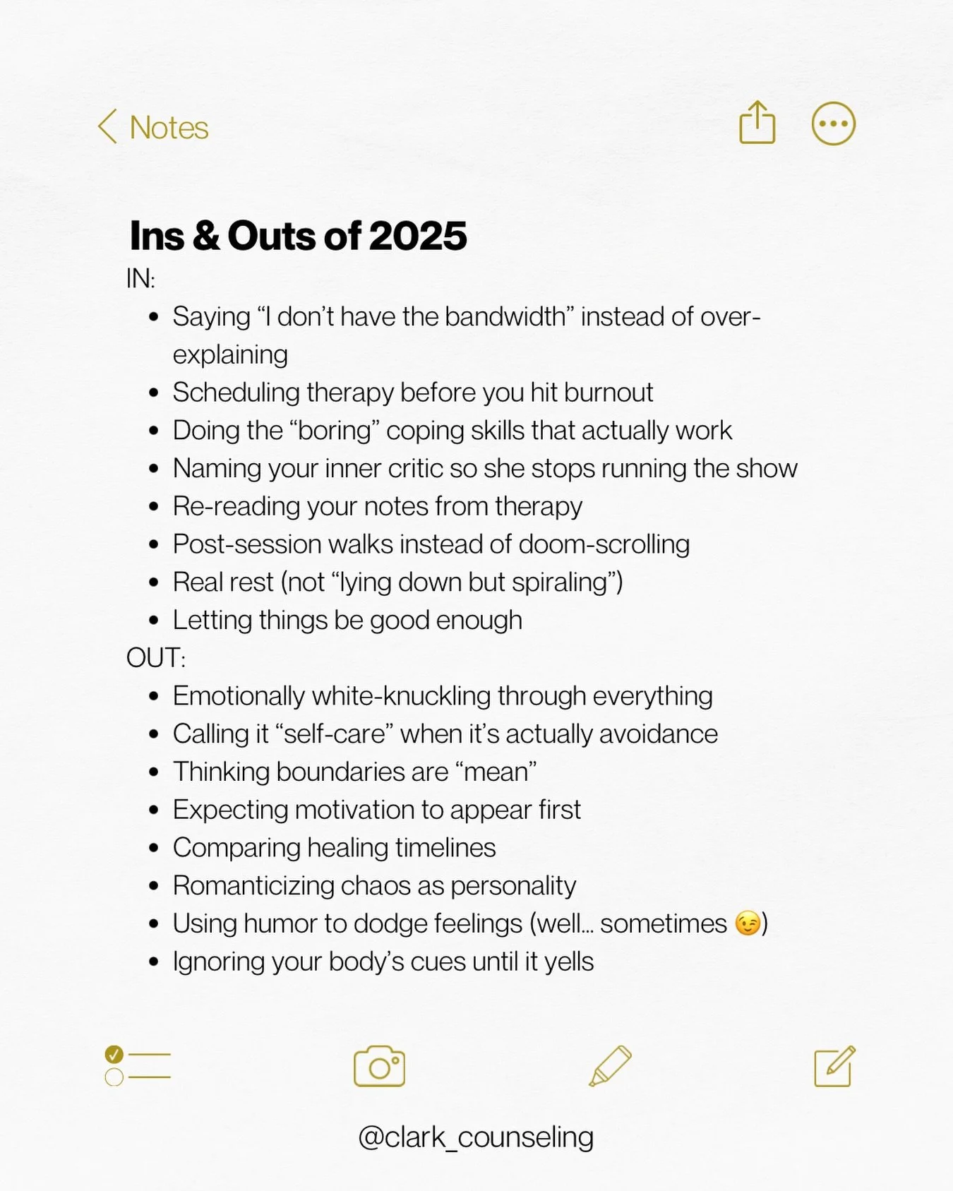 ✨ Ins &amp; Outs: Therapy Edition ✨

Here&rsquo;s what we&rsquo;re taking in (and letting go of) as we head into 2026. Which one do you want to carry into 2026?

#michigantherapist #clarkcounseling #insandoutsof2025