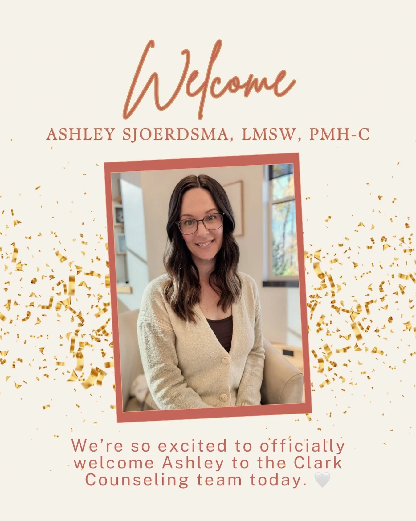 We&rsquo;re so excited to officially welcome Ashley Sjoerdsma, LMSW, PMH-C to the Clark Counseling team today!

Ashley specializes in supporting women navigating pregnancy, postpartum, fertility challenges, birth trauma, loss, and the many emotional 