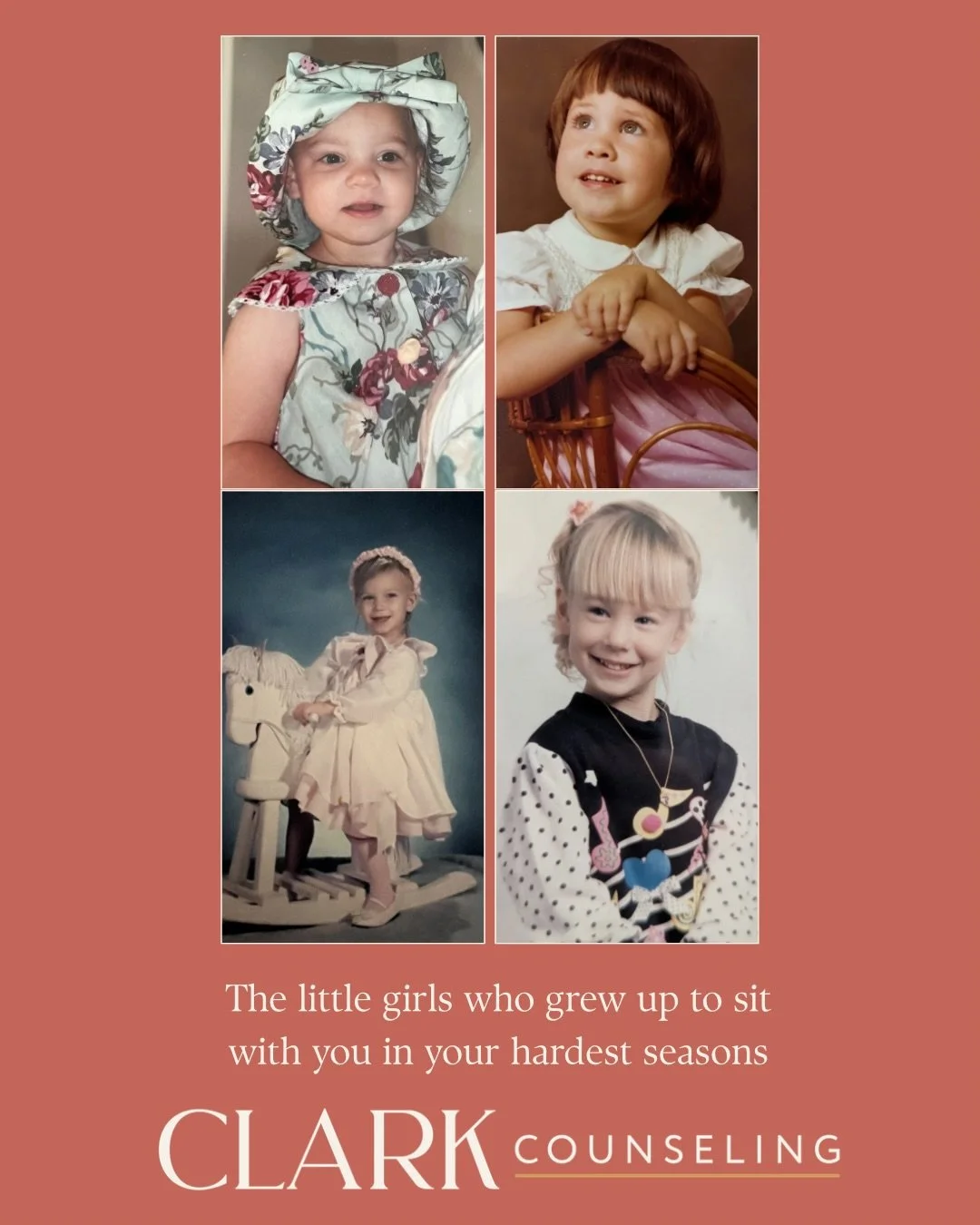 Before the degrees.
Before the certifications.
Before building Clark Counseling.

We were just a few little girls who cared deeply about people.

Now we get to sit with women through anxiety, grief, depression, postpartum challenges, and challenging 