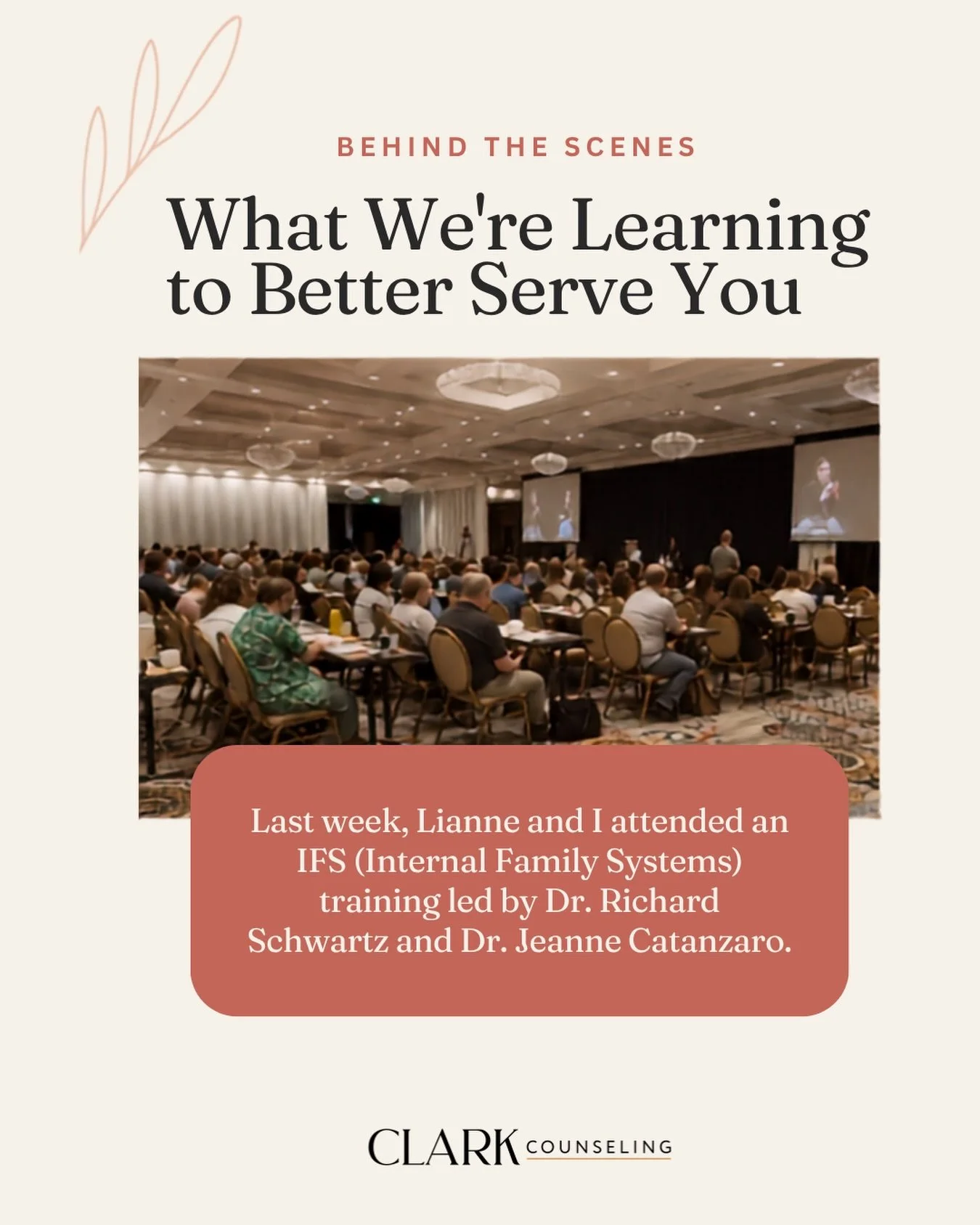 Behind the scenes from last week: Lianne and I attended an IFS training led by Dr. Richard Schwartz (the founder of the IFS model) and Dr. Jeanne Catanzaro. It was a powerful training where we learned to tend to all of our &ldquo;parts&rdquo; and hel