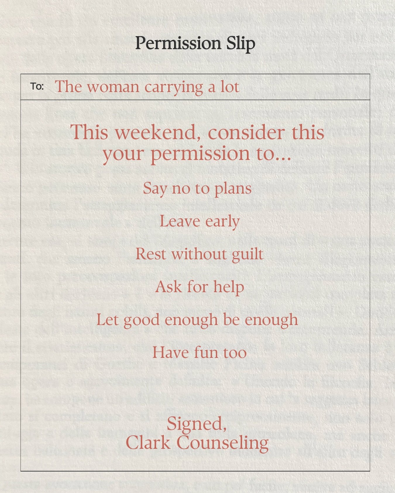 If you&rsquo;re carrying a lot right now consider this your permission slip for the weekend 🤍