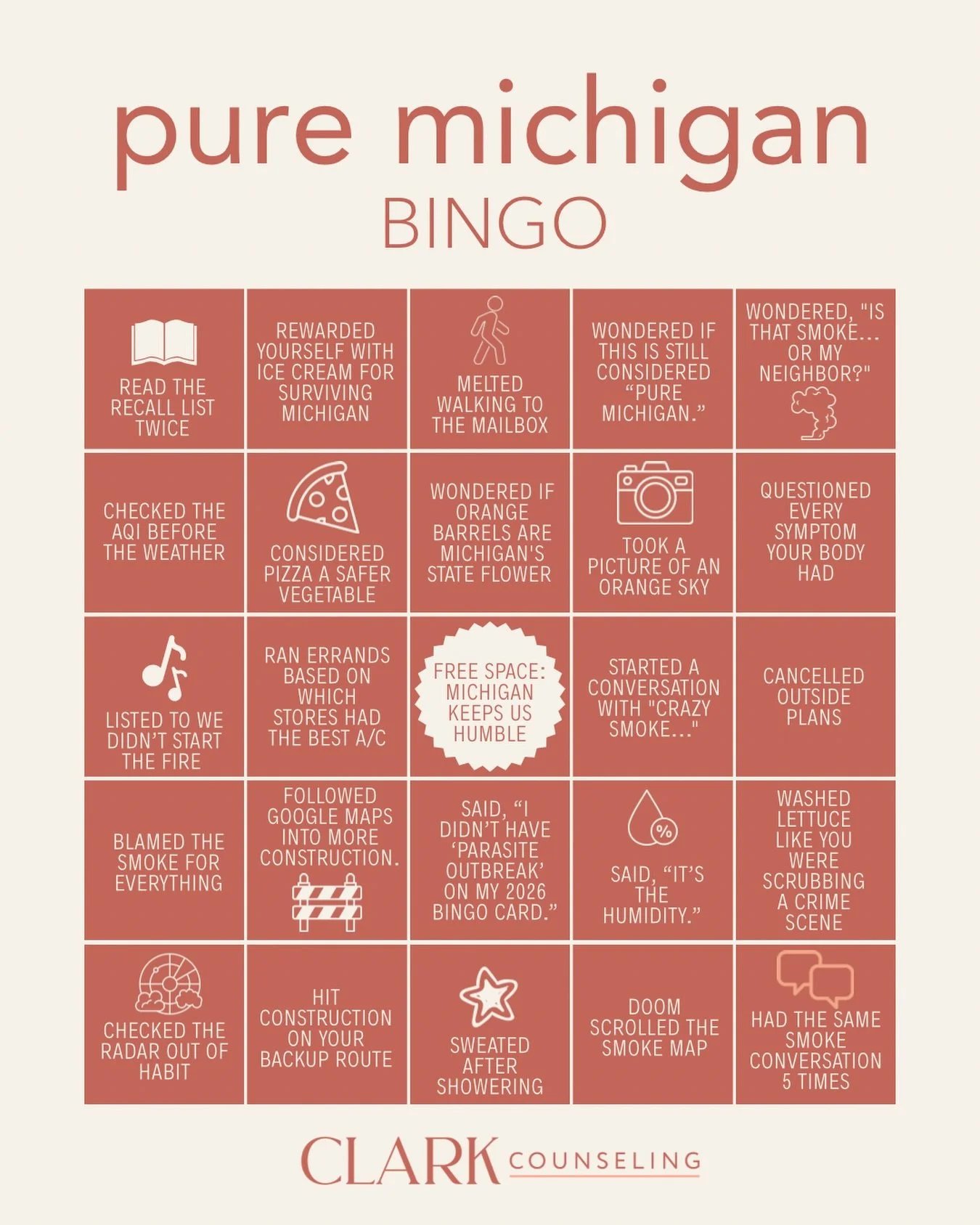 It&rsquo;s been a weird week to be a Michigander 🌫️🥬🚧🥵

How many squares are you checking off?