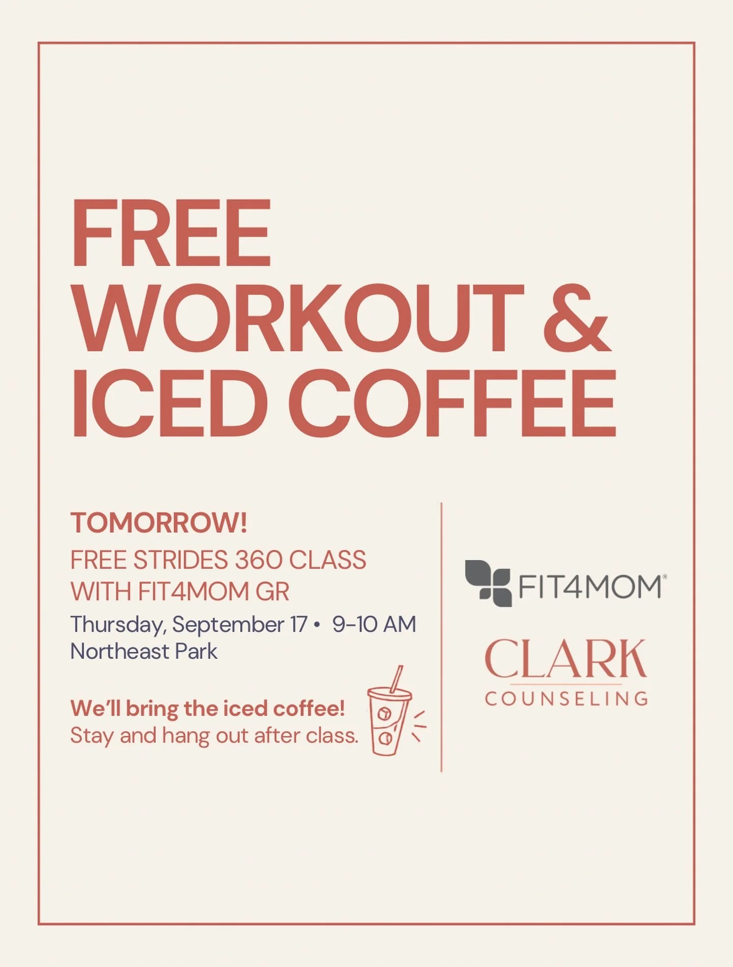 Join us tomorrow at FIT4MOM Grand Rapids for a FREE Strides 360 workout from 9&ndash;10 AM at Northeast Park, then stay for iced coffee and hang out afterward! Kids are welcome 🤍 Sign up at the link in the @fit4momgr bio

Thursday, September 17 @ 9-