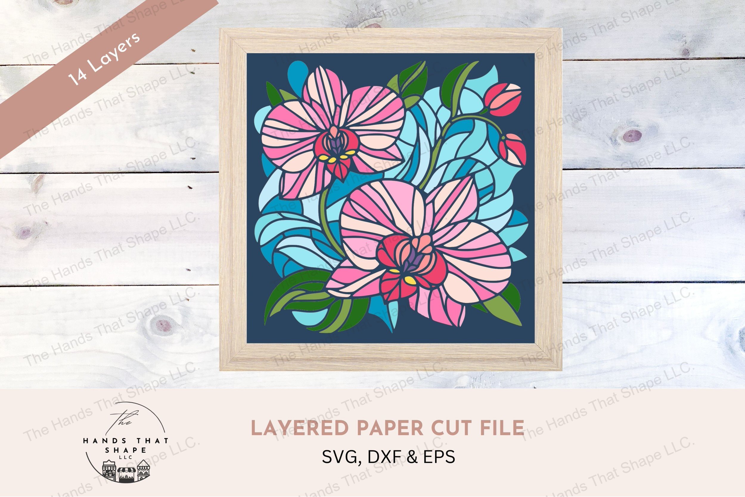 This layered art piece features vibrant orchid blooms and delicate leaves, creating a stunning stained glass effect that brings nature's elegance indoors.