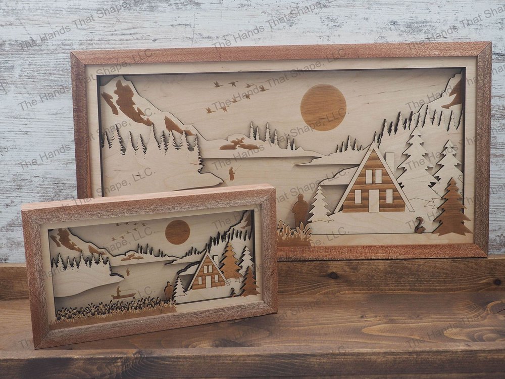 Mountain Cabin by the Lake Layered Wood Shadow Box