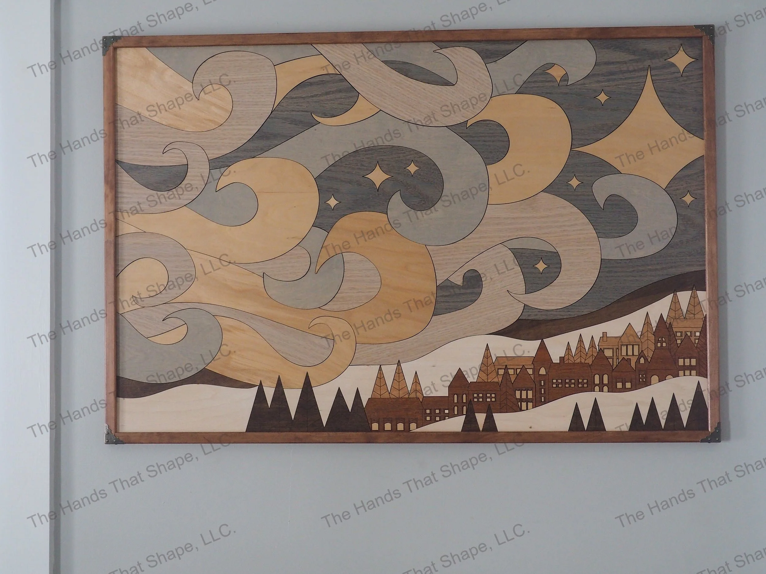 Winter Village Wood Wall Art - Muted Blue