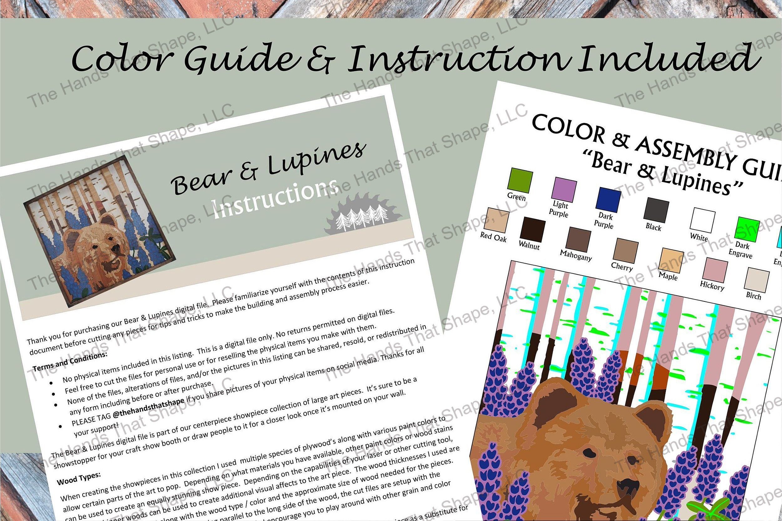 Sample of the multi-page instructions and the color and assembly guide included with the digital design file.