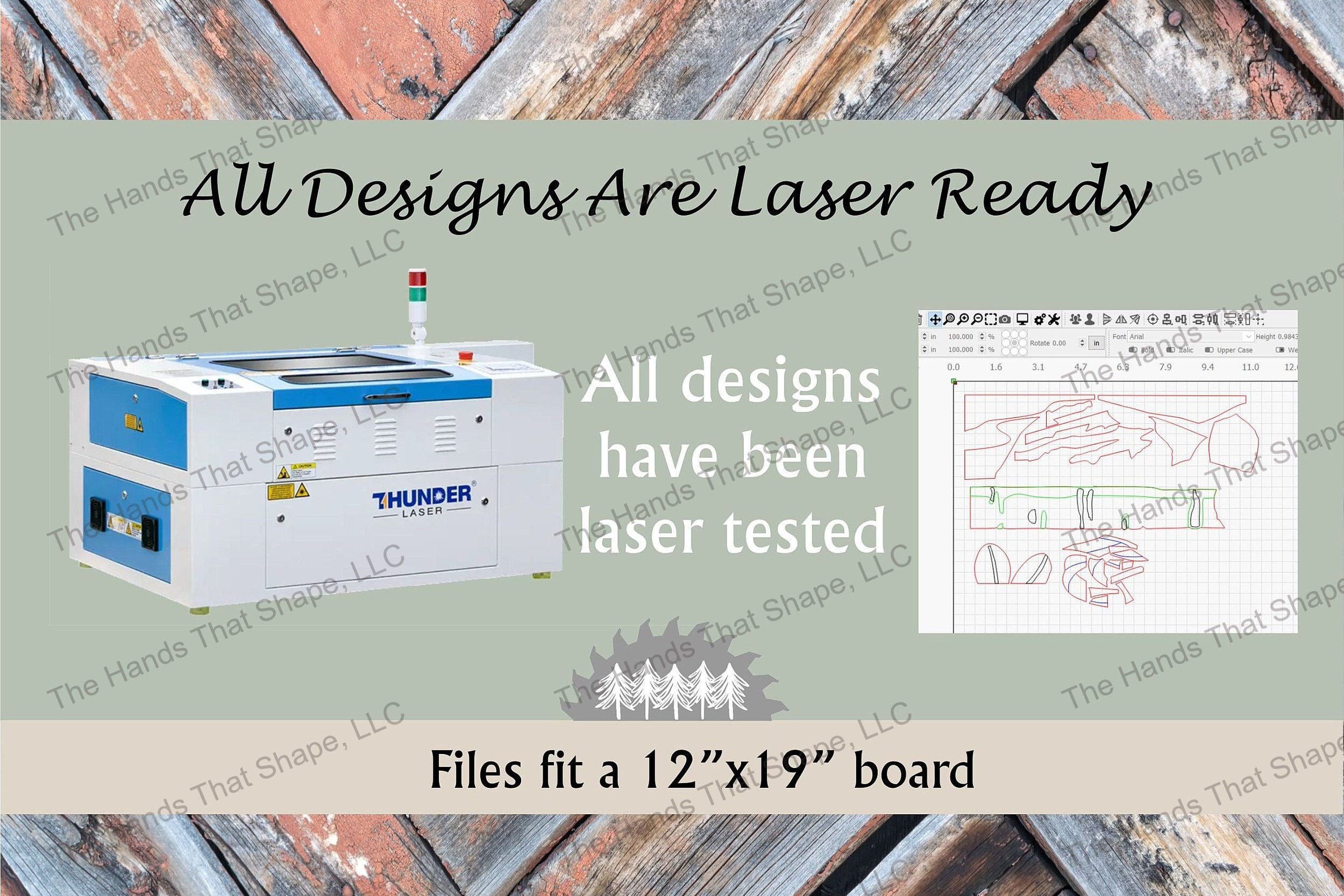 Each design file by The Hands That Shape, LLC is laser ready and tested on our laser with each wood species or color as a separate cut file.