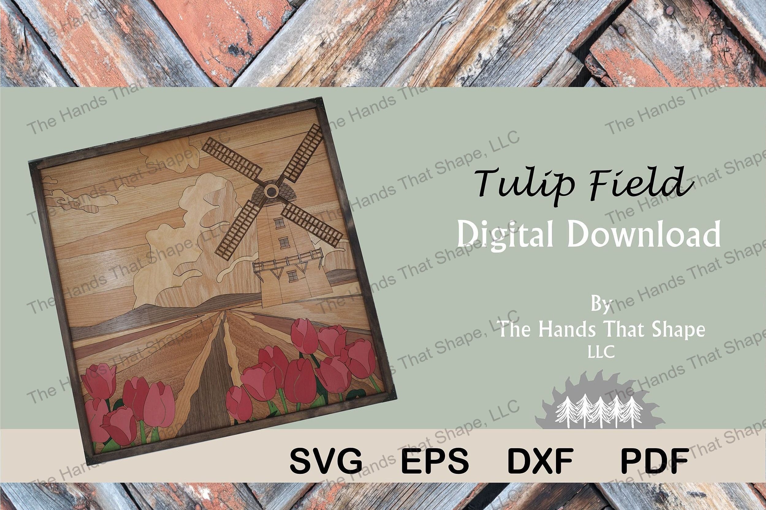 Laser ready file featuring a towering windmill surrounded by endless flower fields of colorful tulips.