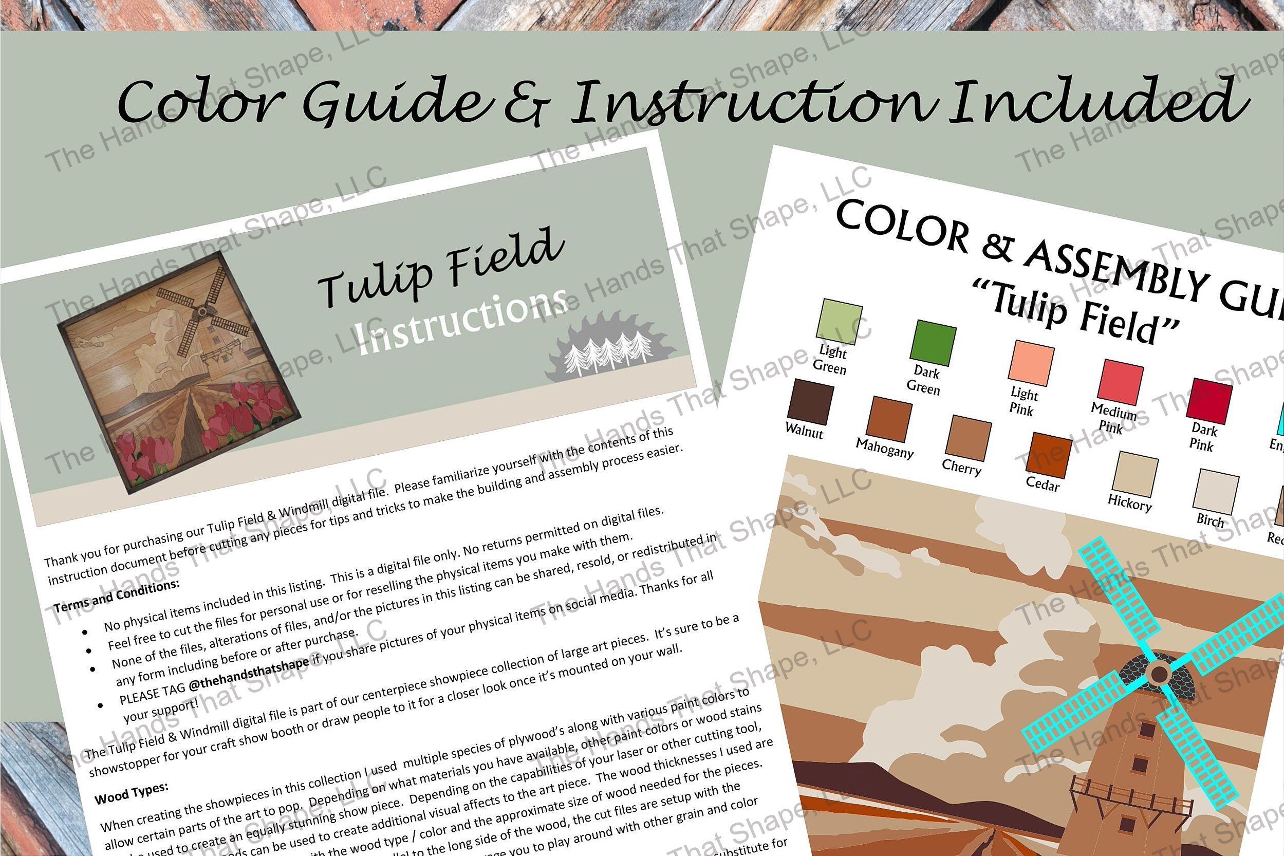 Sample of the multi-page instructions and the color and assembly guide included with the digital design file.