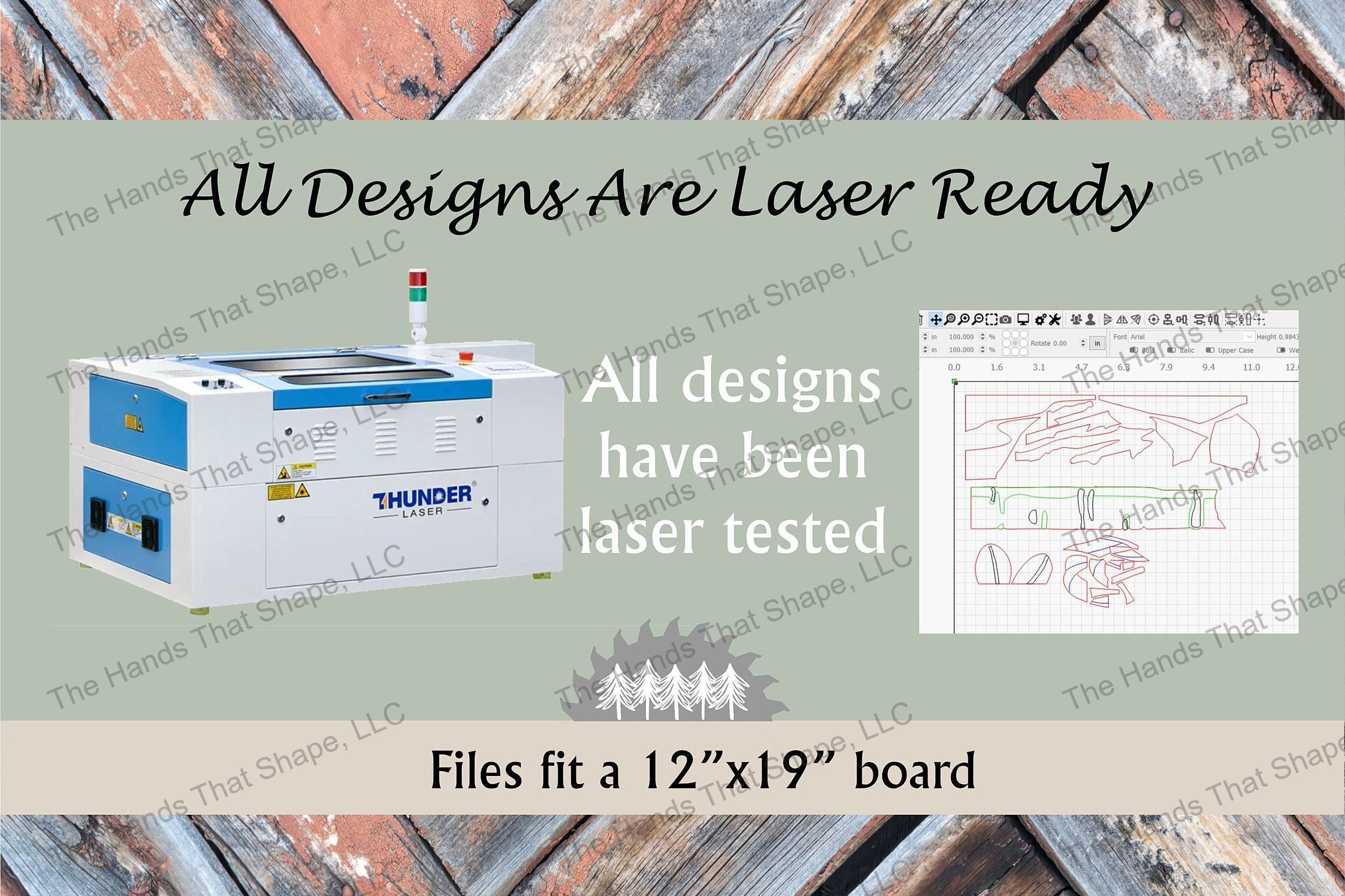 Each design file by The Hands That Shape, LLC is laser ready and tested on our laser with each wood species or color as a separate cut file.