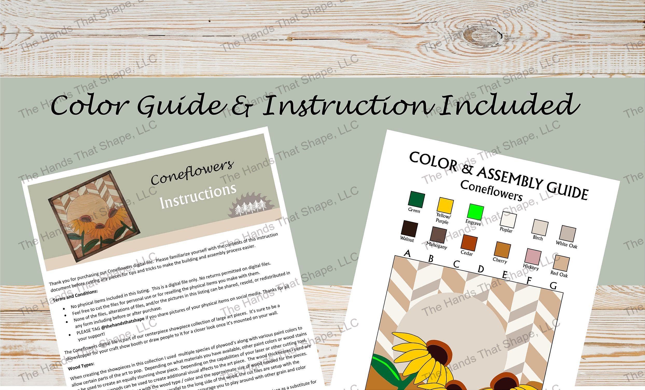 Sample of the multi-page instructions and the color and assembly guide included with the digital design file.