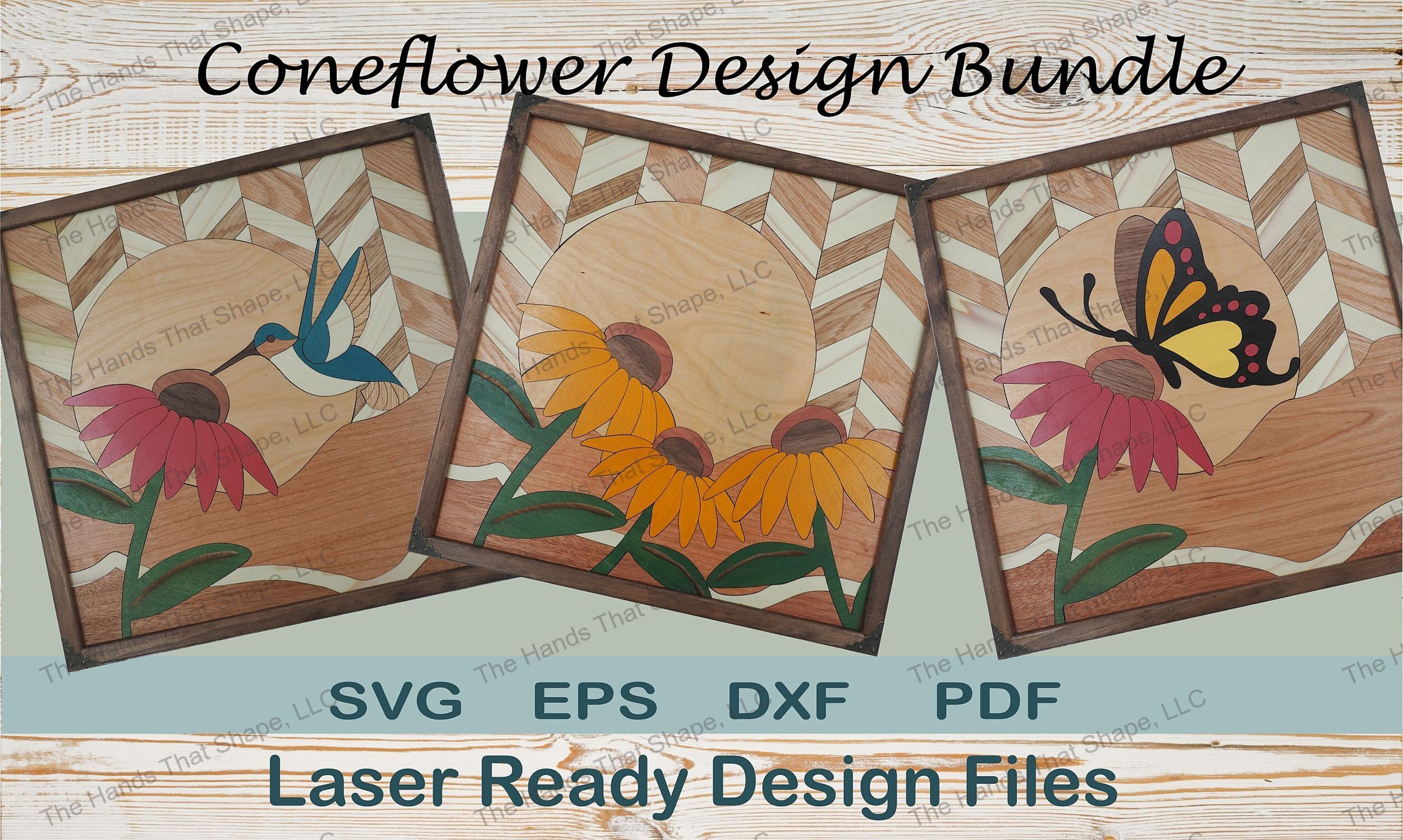 Explore 3 new laser-ready designs for plywood inlay art: hummingbird, butterfly, & cone flowers. Craft stunning 16"x16" nature-inspired pieces today!
