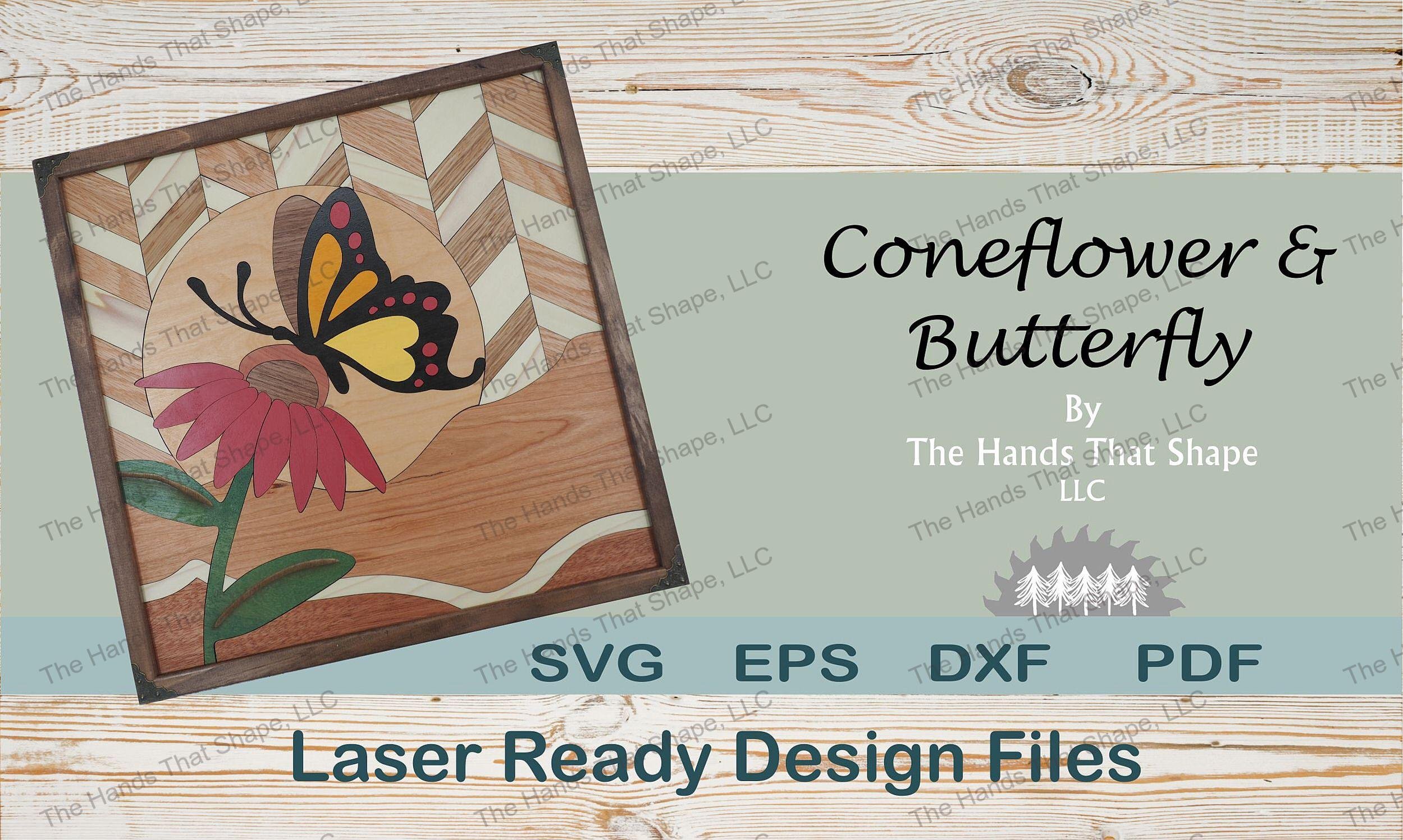 Capture a butterfly perched on a cone flower with this design, highlighting vibrant colors & intricate details. Plywood species & chevron background frame the serene scene.