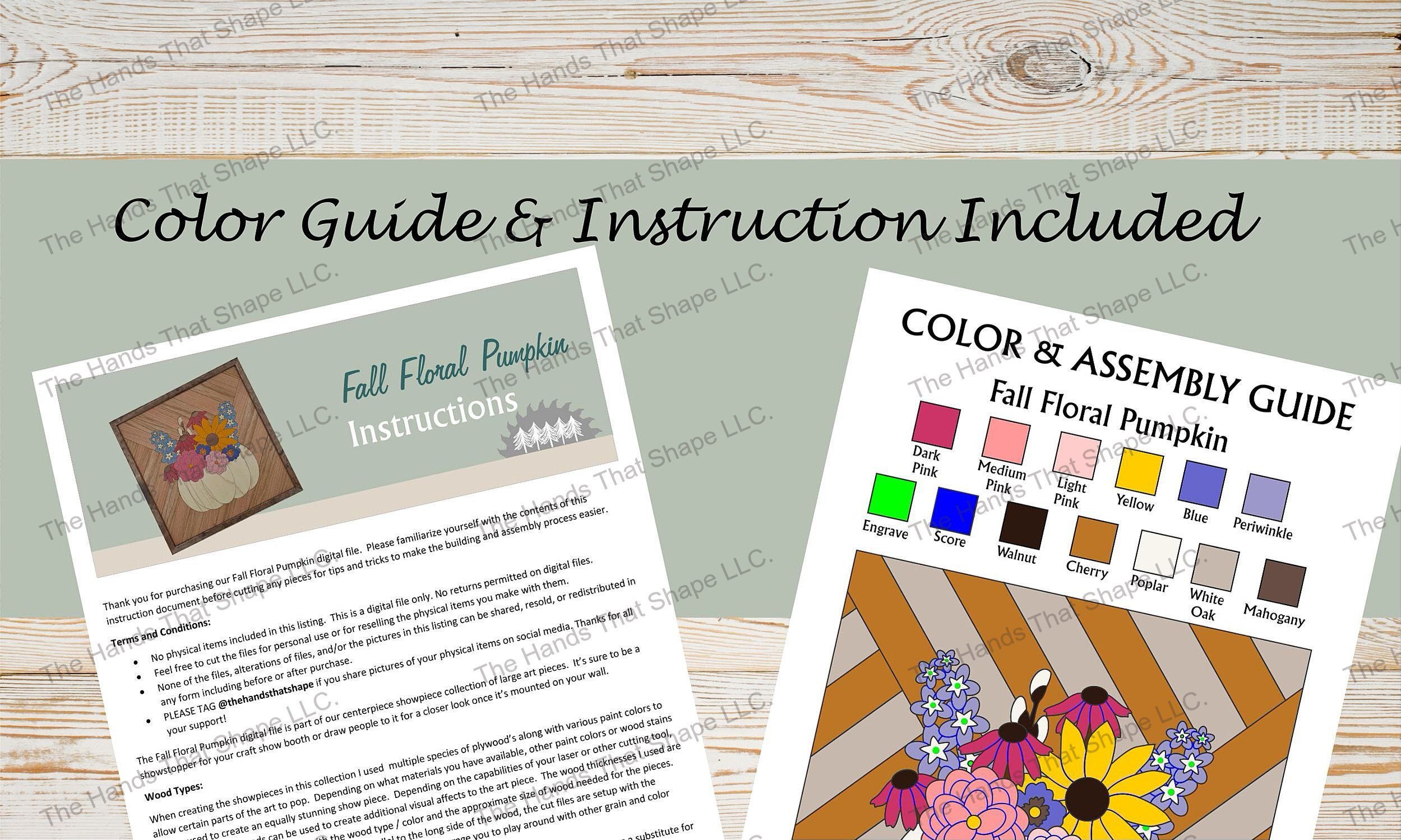 Sample of the multi-page instructions and the color and assembly guide included with the digital design file.