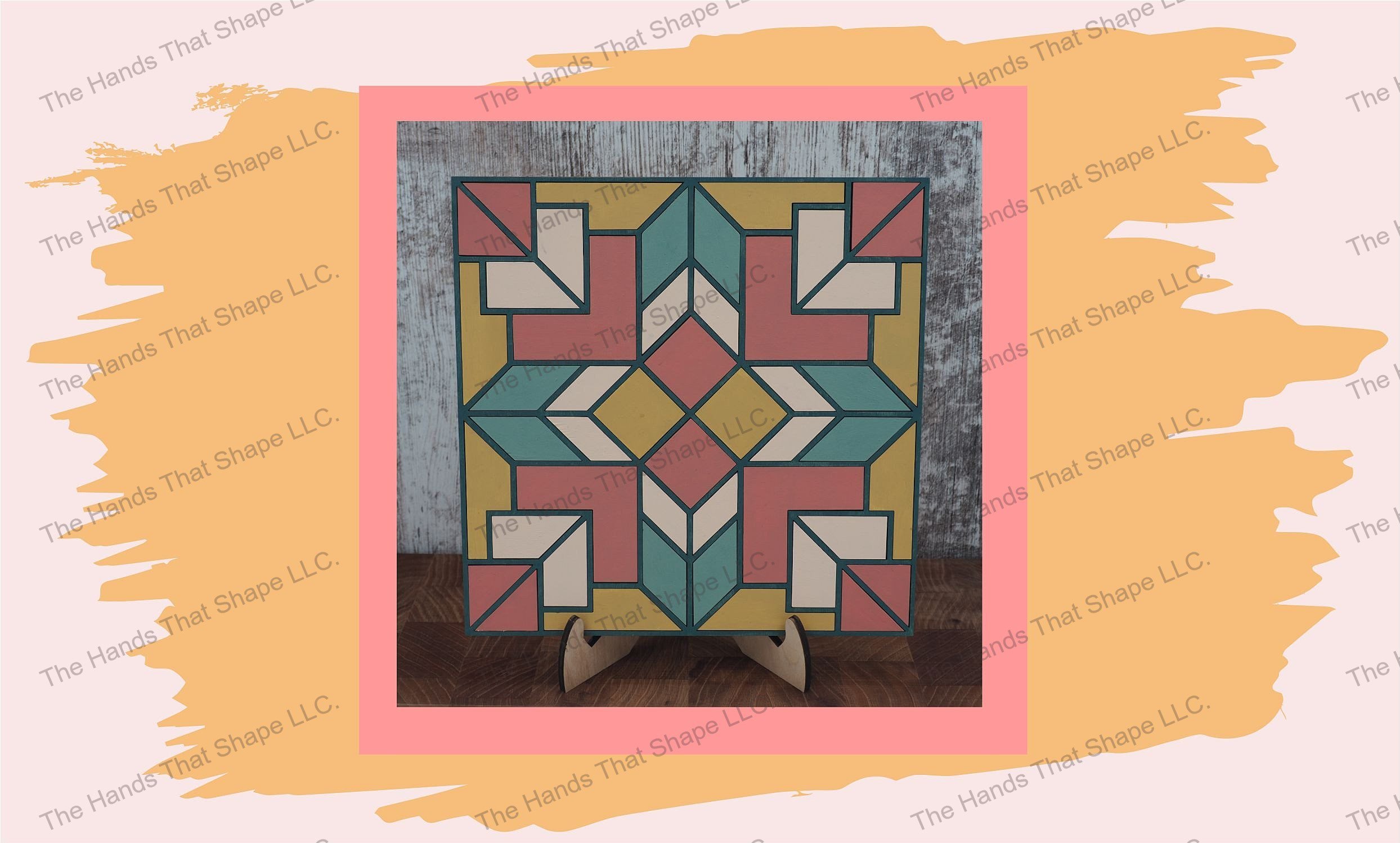 The completed Chevron Cross Wood Inlay art, a stunning blend of modern design and geometric patterns, radiates elegance when displayed on the included stand.