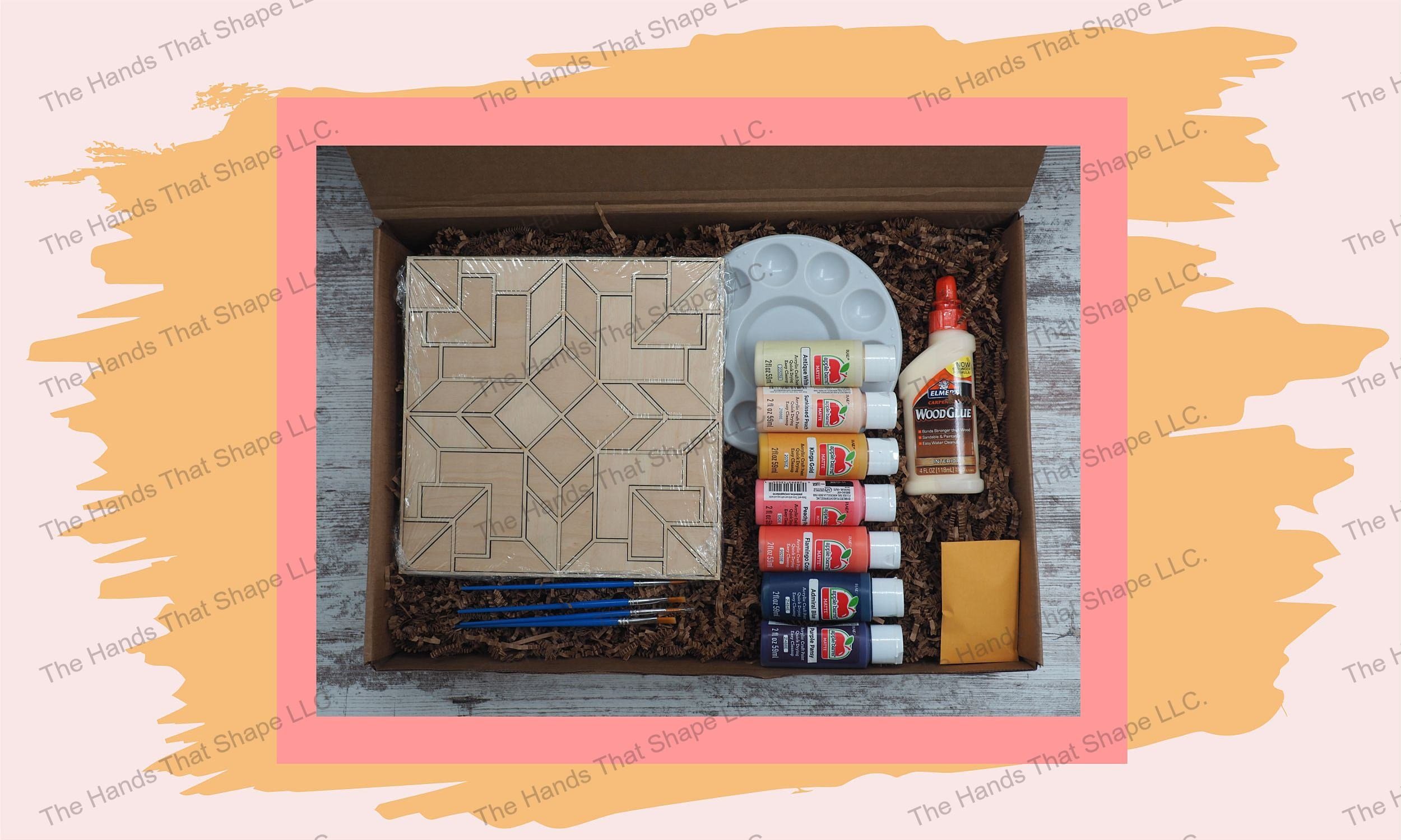Uncover the contents of the DIY box, each item thoughtfully curated, providing everything you need to create a beautifully crafted Chevron Cross art piece.