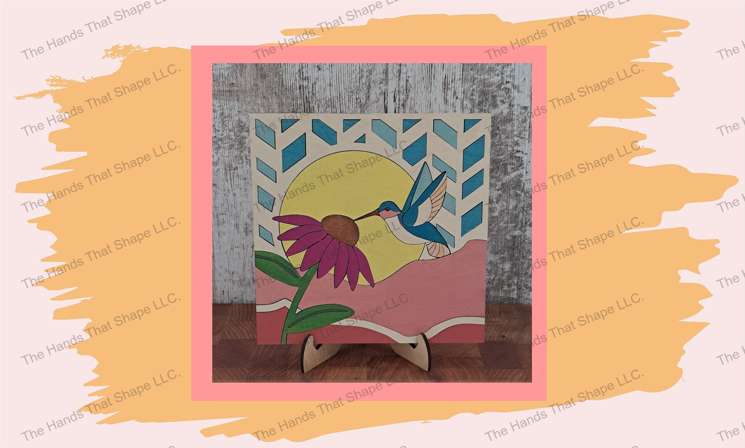 Revel in the beauty and harmony of nature displayed on the included stand with the finished Hummingbird at Coneflower wood inlay art piece.