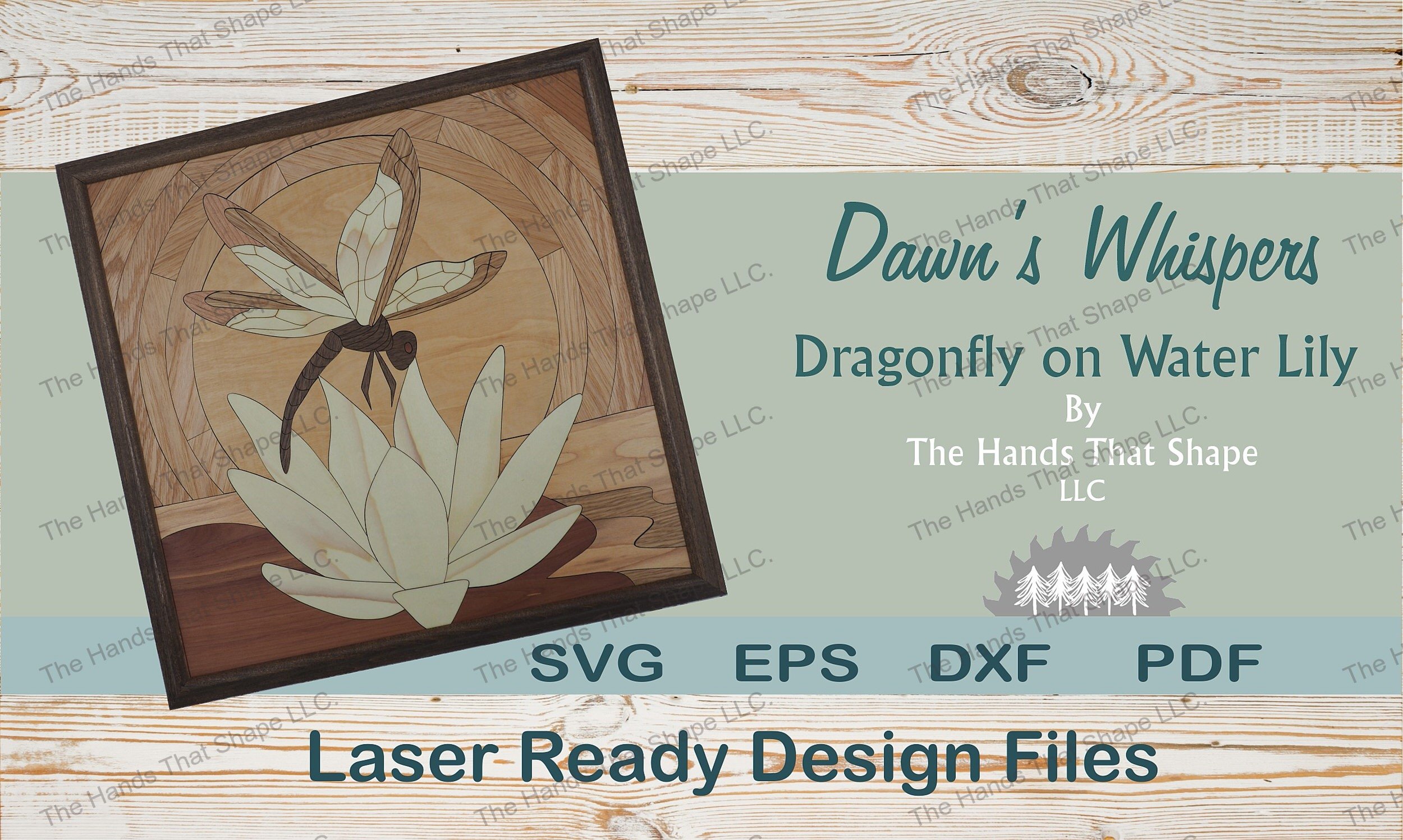 Unleash your creativity with our Dawns Whispers Dragonfly on Water lily laser ready design file. A 62-piece wood inlay art, bringing nature's beauty to life.