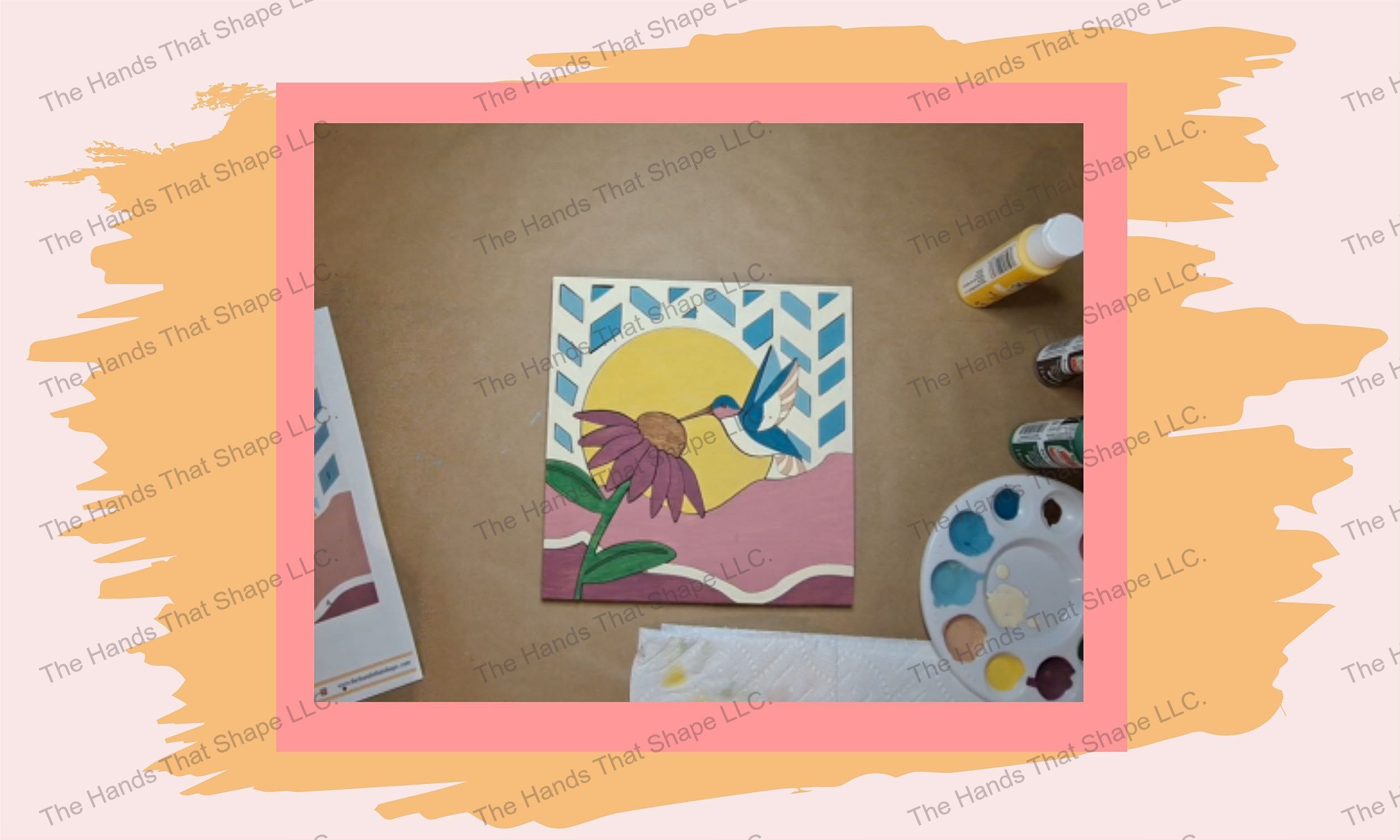 Behold the painted hummingbird at Coneflower wooden masterpiece, lying flat post-gluing, a testament to your artistic endeavor.