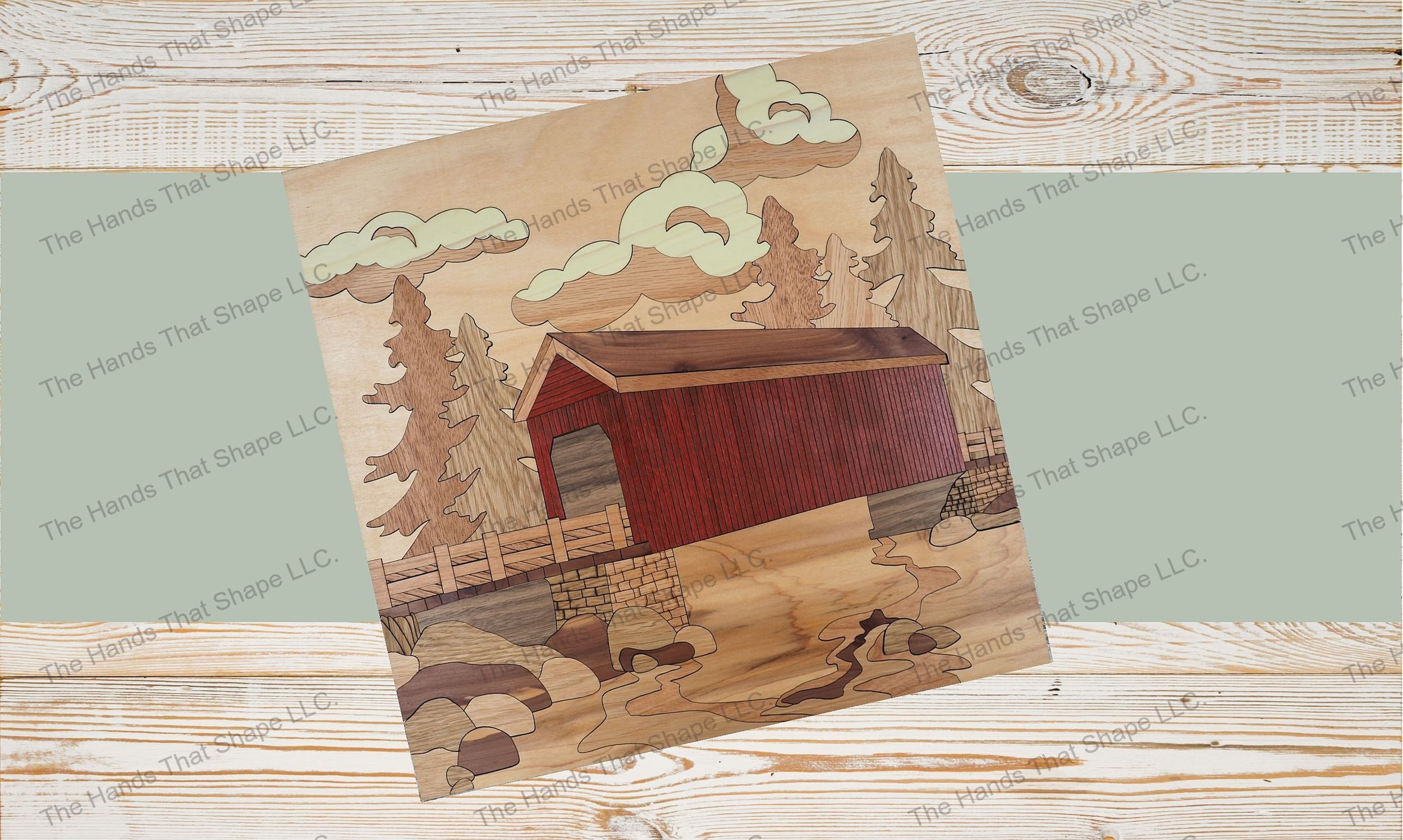 Capture rustic charm with our "Nostalgic Crossing: Covered Bridge" laser ready design. A 93-piece wood inlay art, bringing rural tranquility to life.