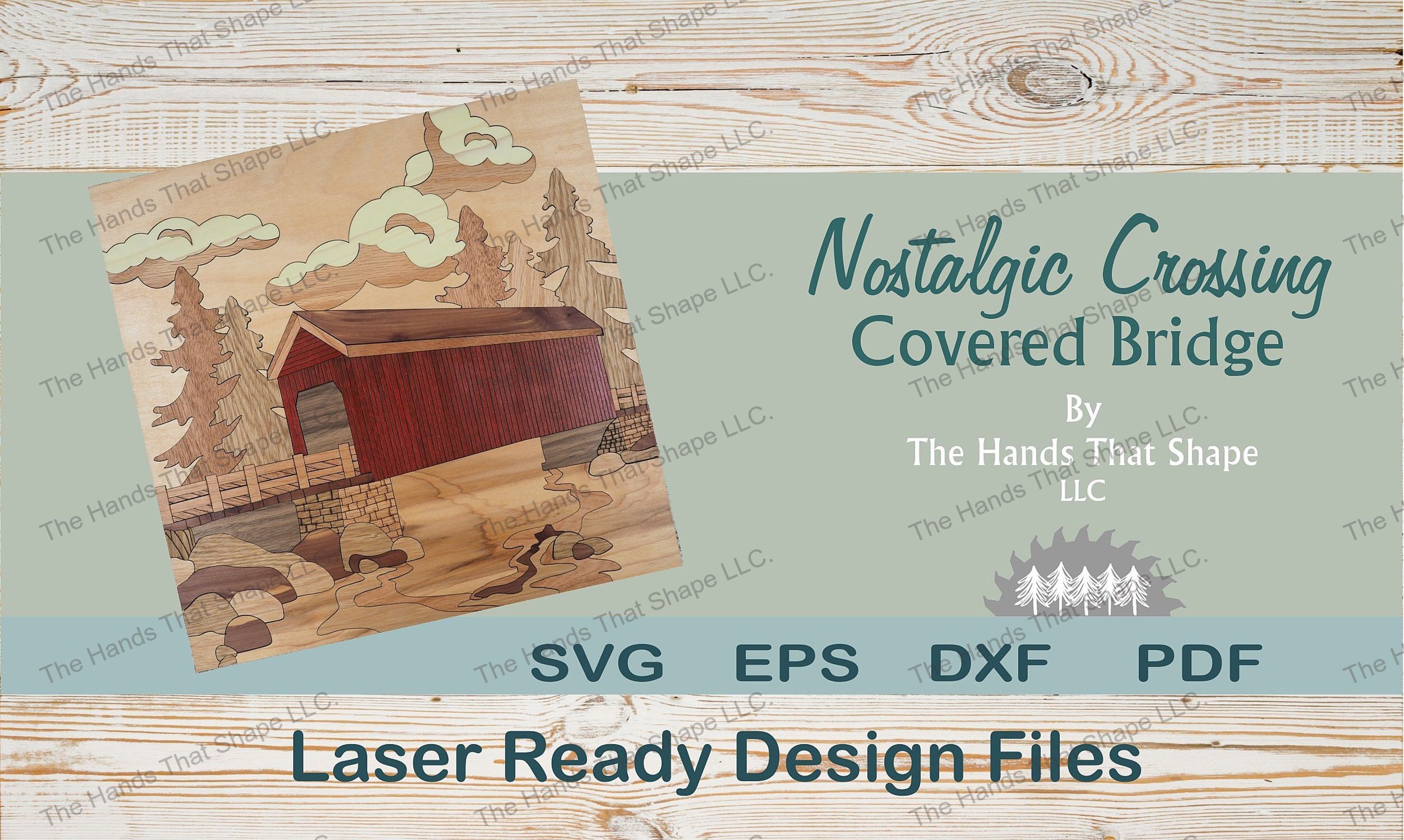 Capture rustic charm with our "Nostalgic Crossing: Covered Bridge" laser ready design. A 93-piece wood inlay art, bringing rural tranquility to life.