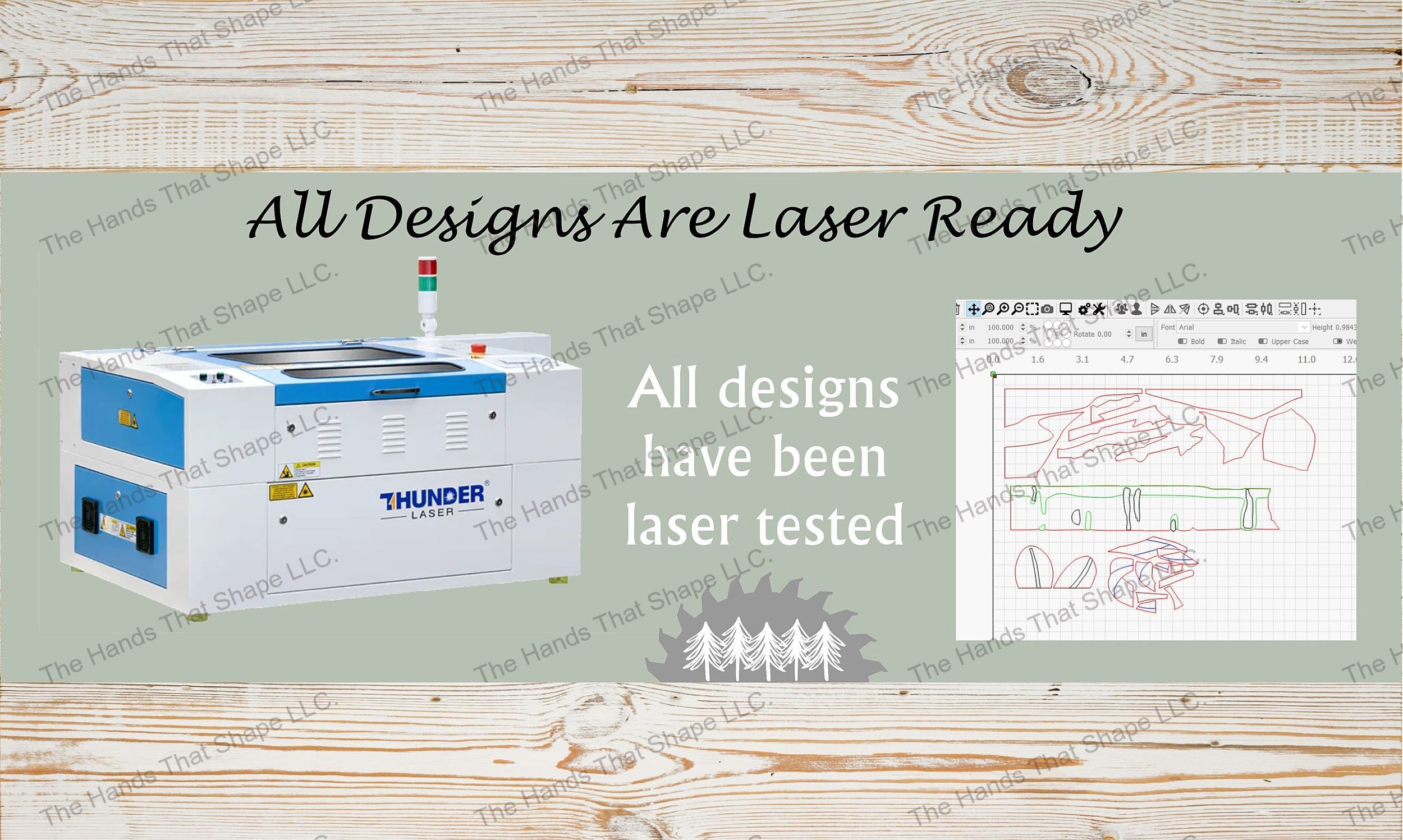 Each design file by The Hands That Shape, LLC is laser ready and tested on our laser with each wood species or color as a separate cut file.