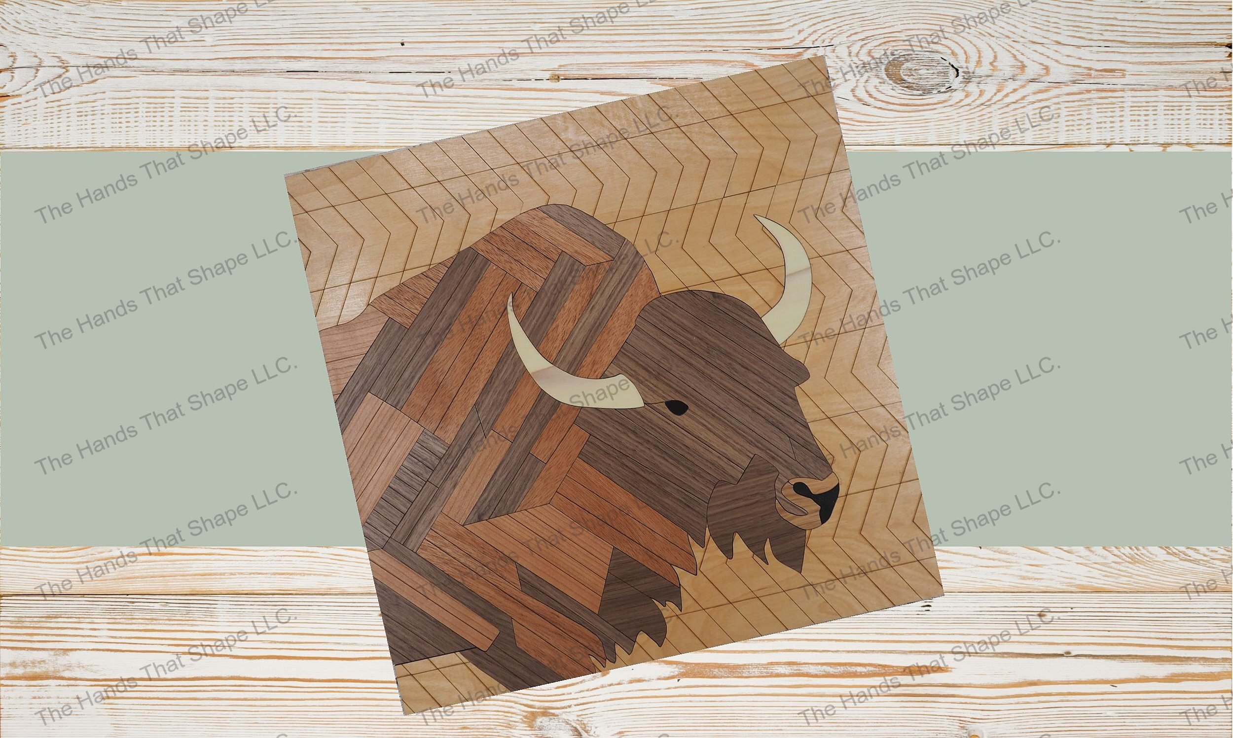 Embrace the spirit of the West with our "Prairie Monarch: Bison" laser ready design. A 45-piece lath-art style wood inlay evoking nature's majesty.