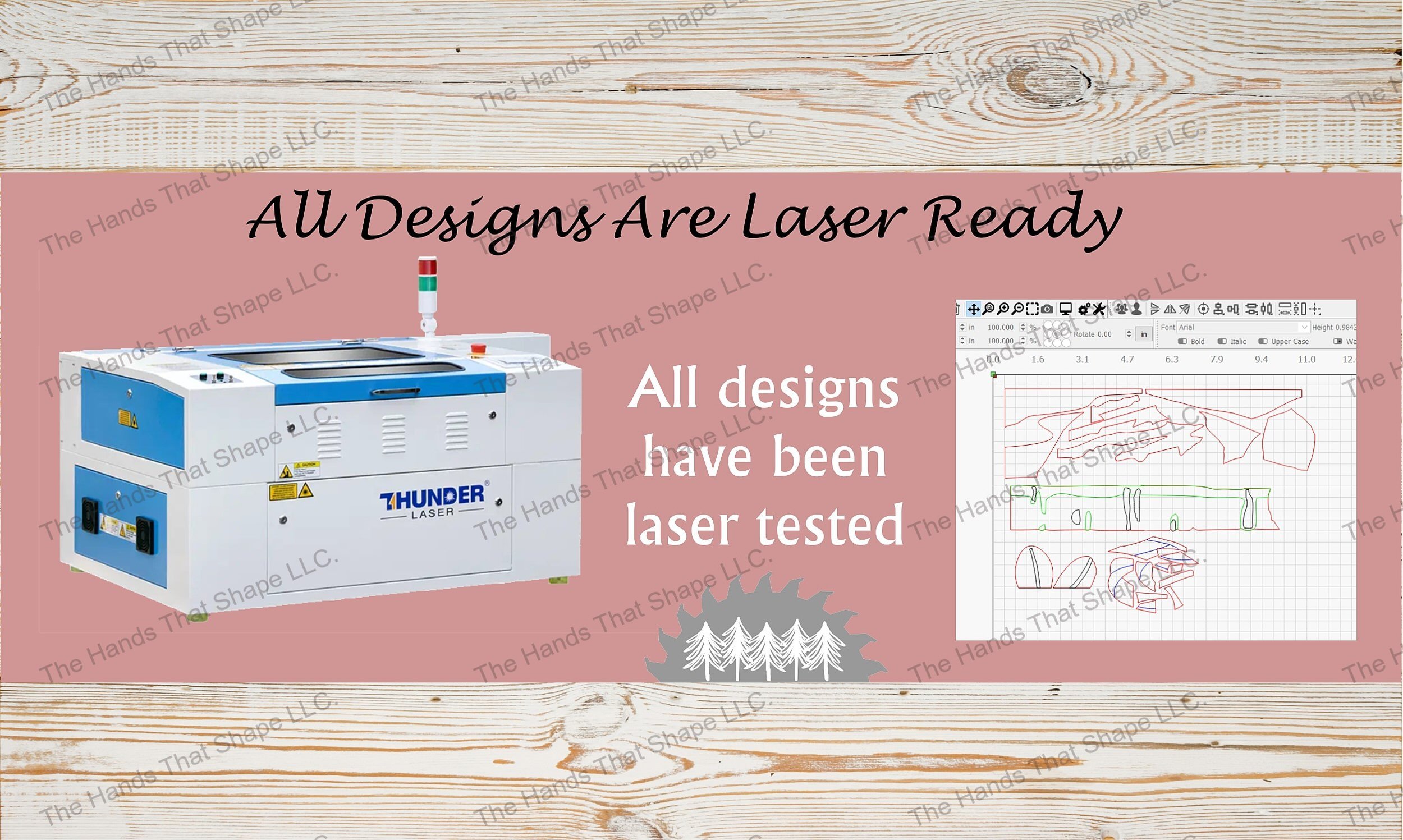Each design file by The Hands That Shape, LLC is laser ready and tested on our laser with each wood species or color as a separate cut file.