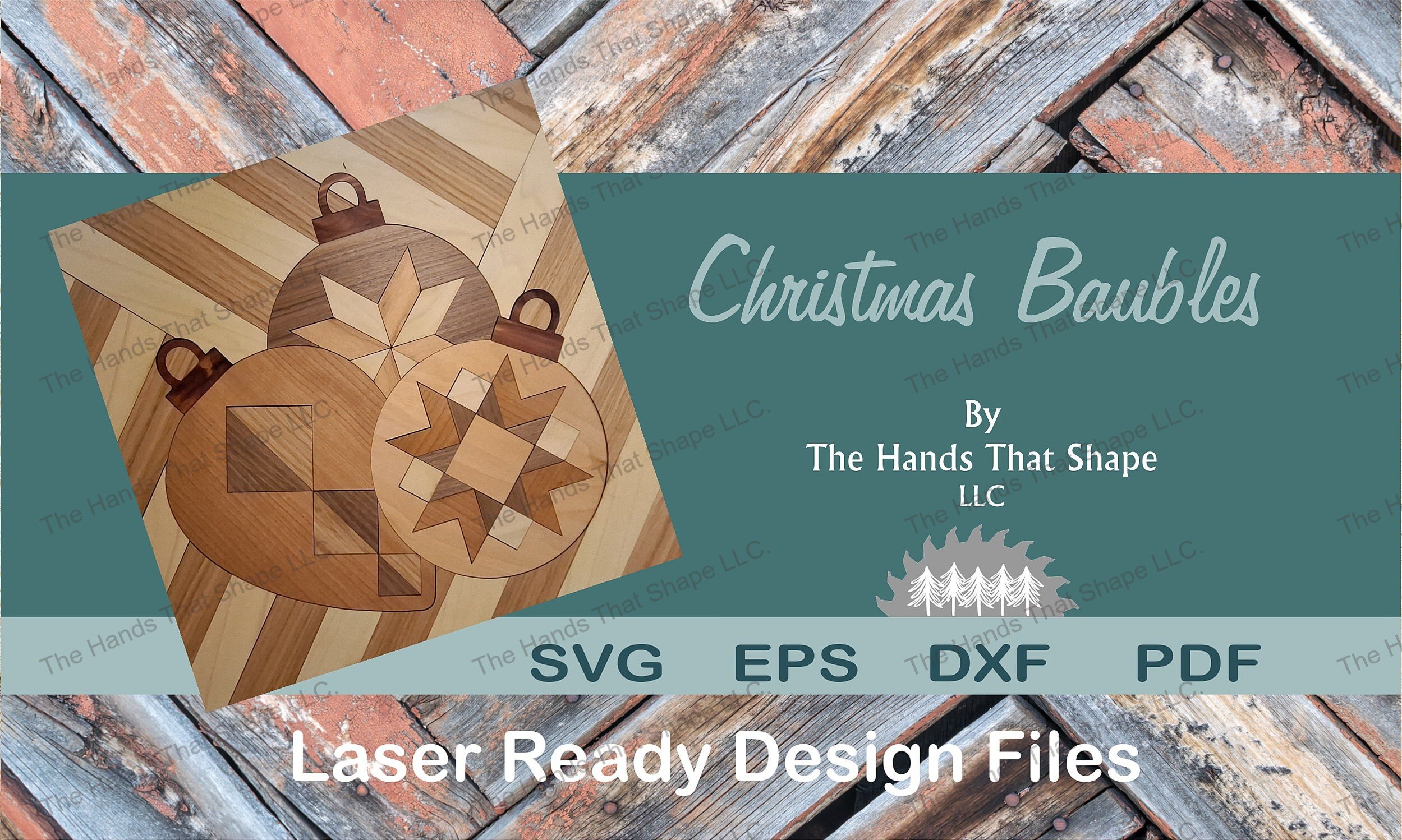 Digital design file for laser cutting: 3 overlapping wood inlay ornaments, each with a unique quilt pattern. Create and sell your physically crafted pieces.