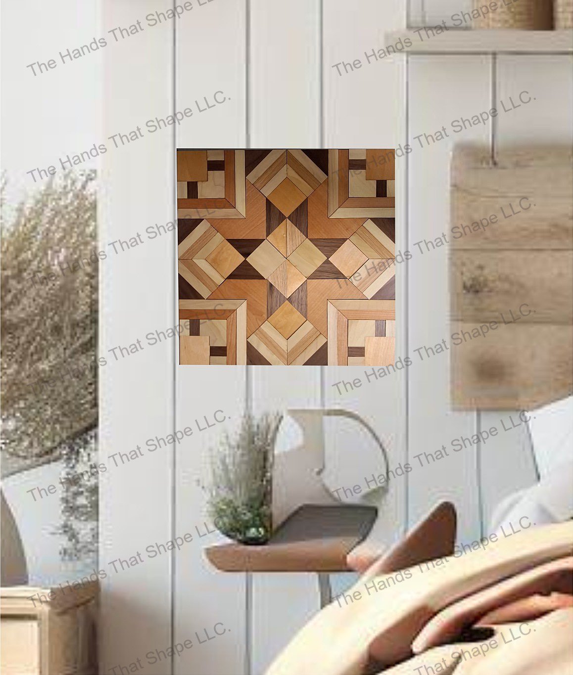 Buckeye Quilt Block wood inlay art graces the bedroom, reflecting Ohio's rich quilting legacy, adding warmth and intricate craftsmanship to your living space.