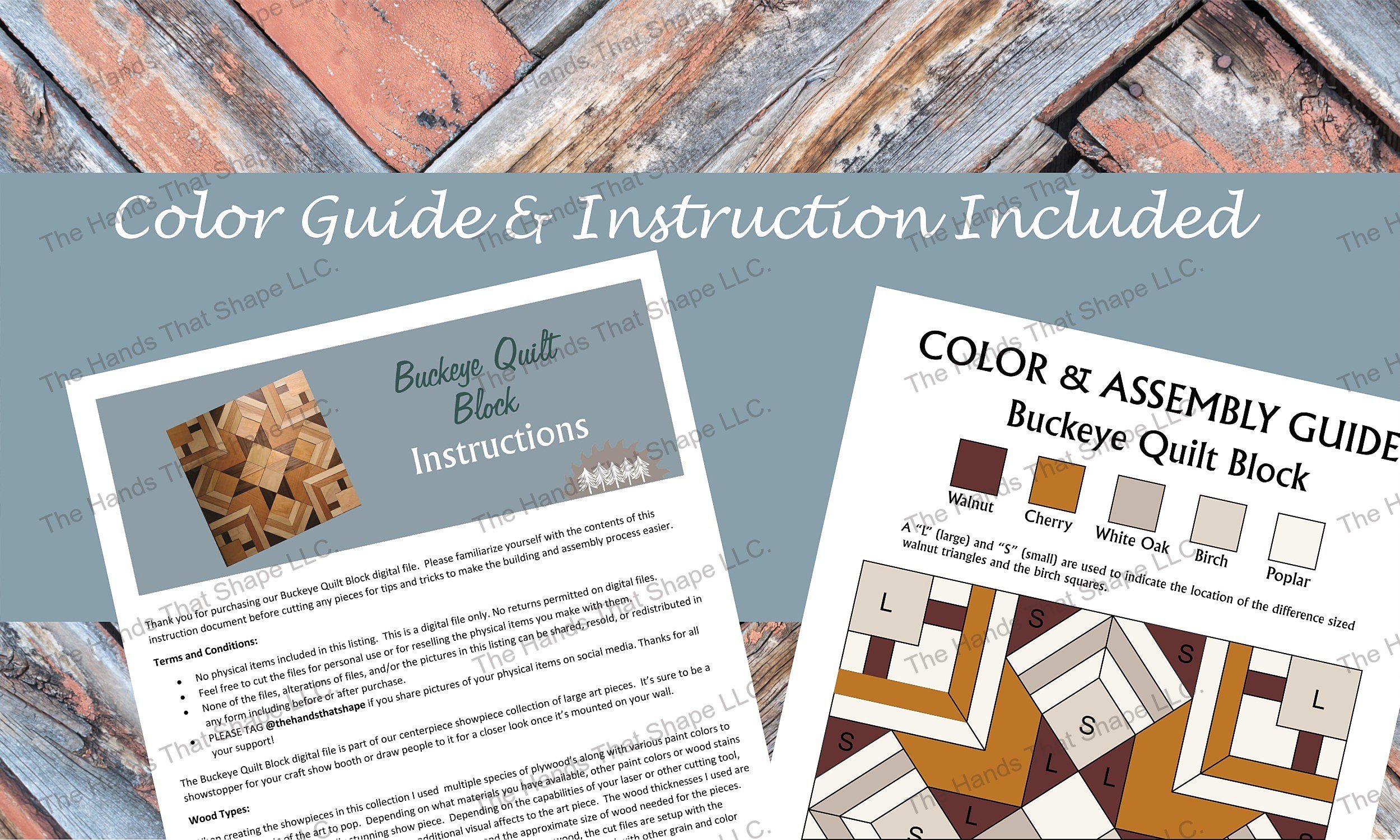 Sample of the multi-page instructions and the color and assembly guide included with the digital design file.