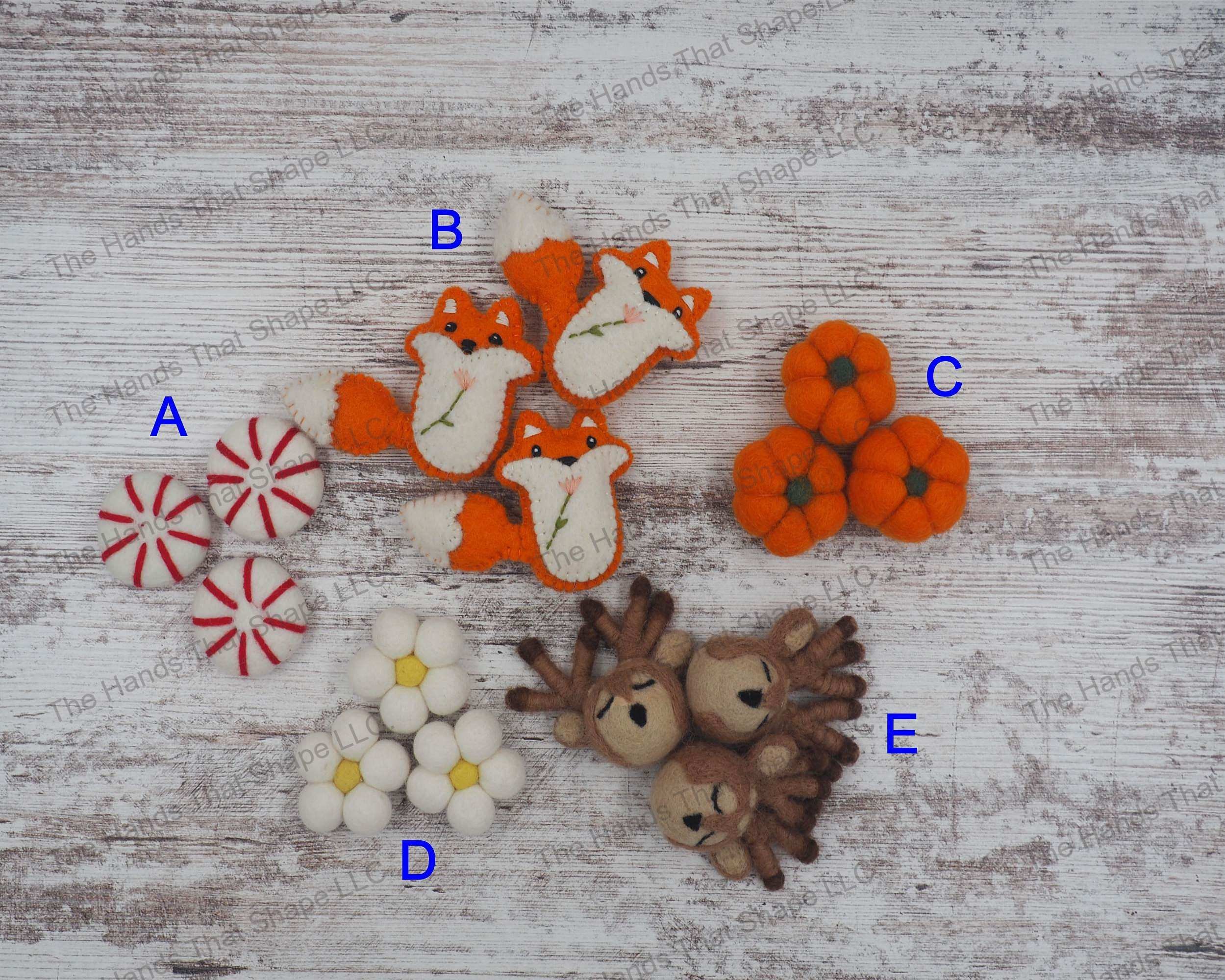 Felted Wool Embellishments for Garlands or other DIY craft projects - price per 1 piece -(A) Peppermint, (B) Fox, (C) Pumpkin, (D) Daisy, (E) Reindeer