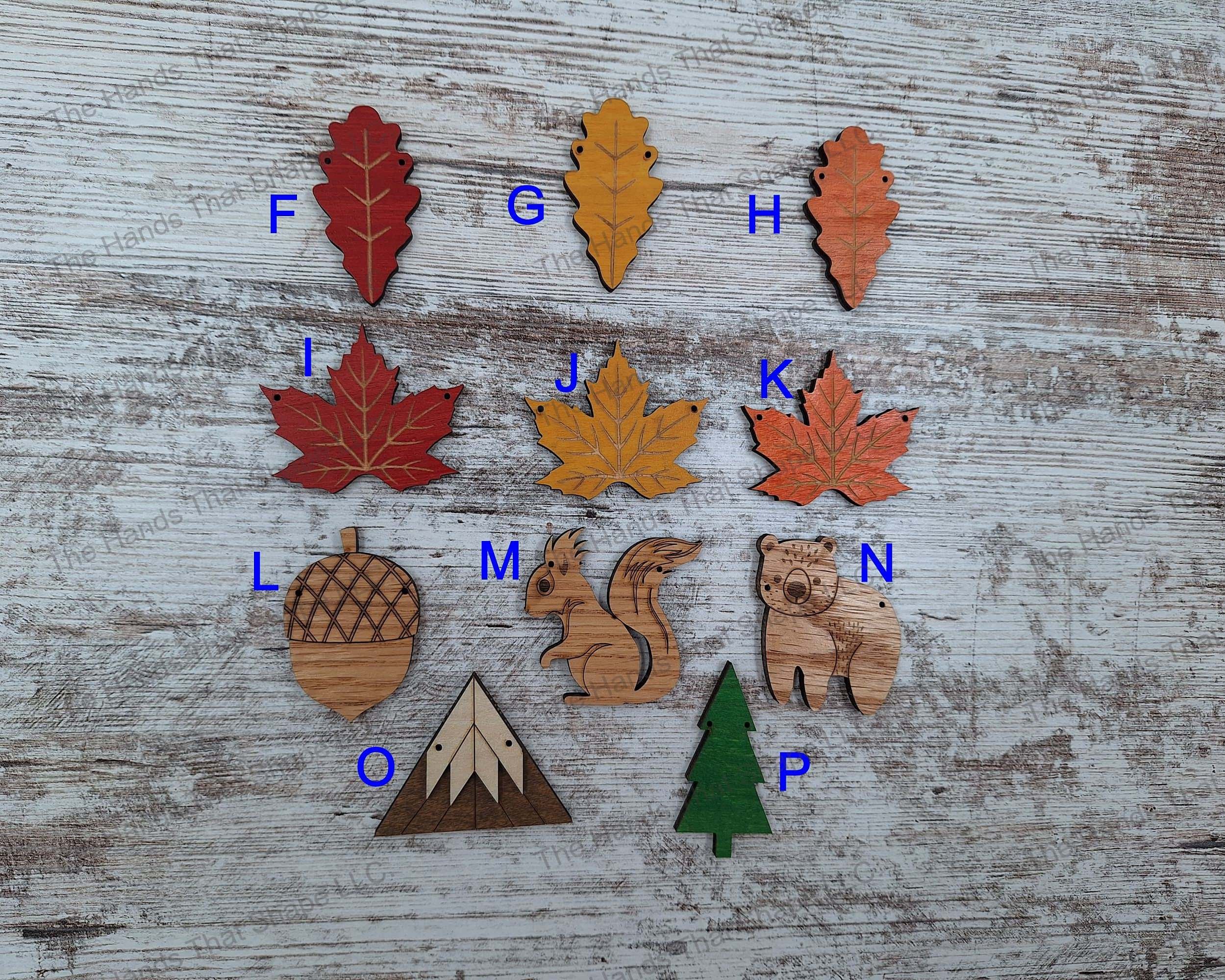 Wooden Embellishments (F) Oak Leaf Red, (G) YL, (H) Orange, (I) Maple Leaf Red, (J) Yellow, (K) OR, (L) Acorn, (M) Squirrel, (N) Bear, (O) Mountain, (P) Tree